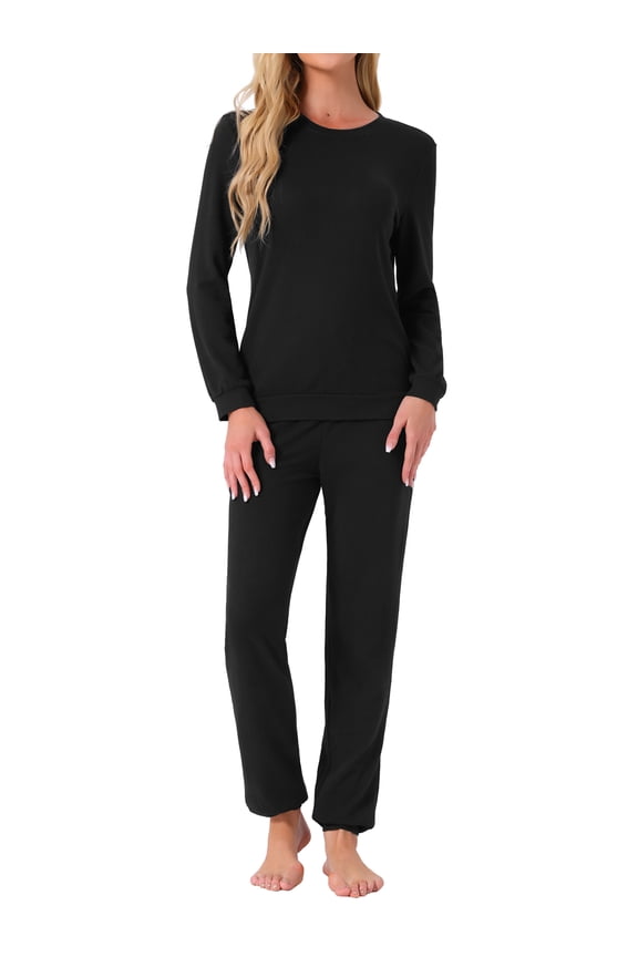 Women's 2 Pcs Pajama Sets Kint Sweatshirt Sleepwear Black XS