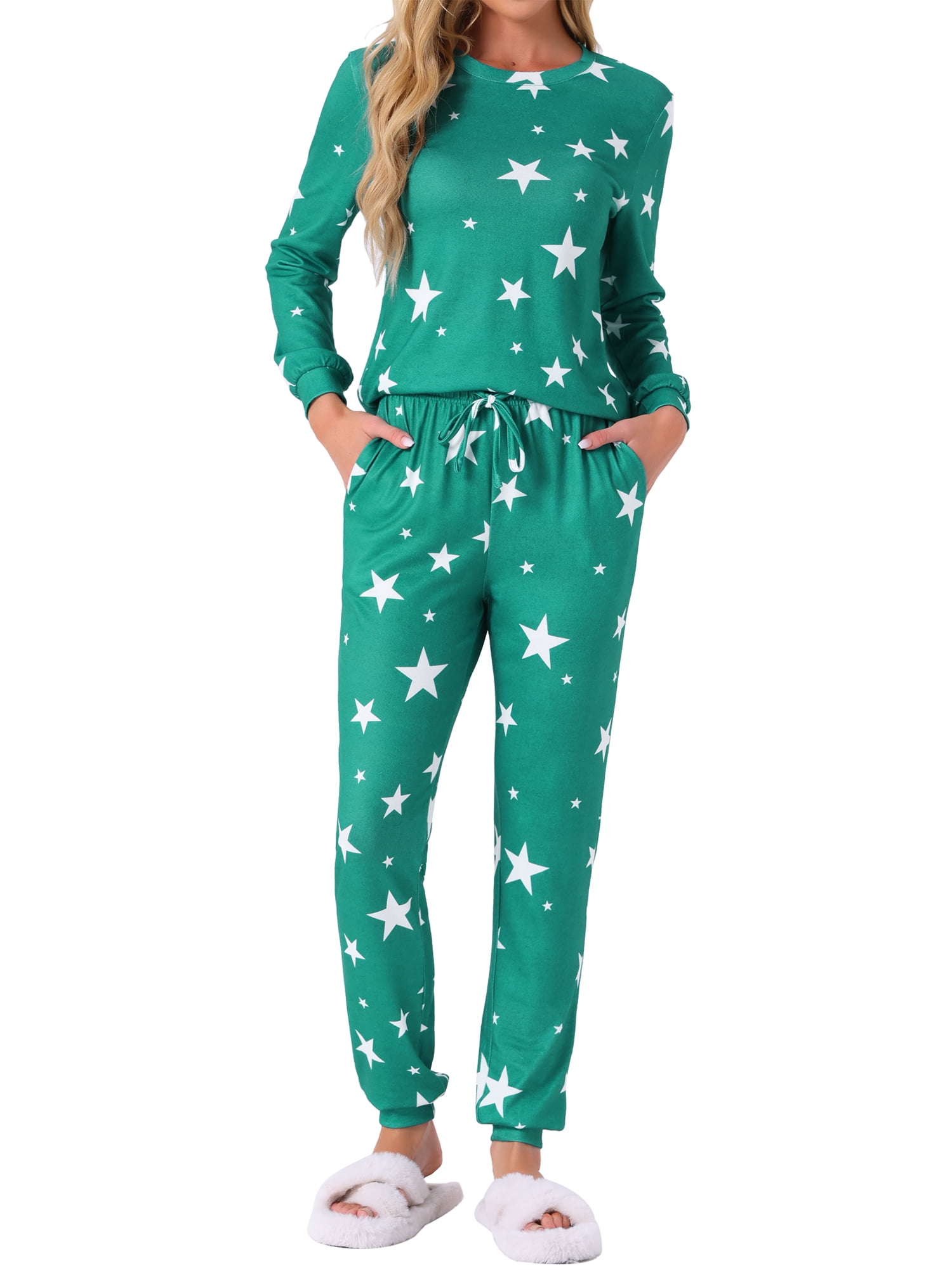 DARING DIVA Women's 2 Pcs Pajama Sets Kint Sweatshirt Sleepwear Green Star S