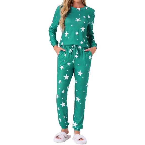 DARING DIVA Women's 2 Pcs Pajama Sets Kint Sweatshirt Sleepwear Green Star XL