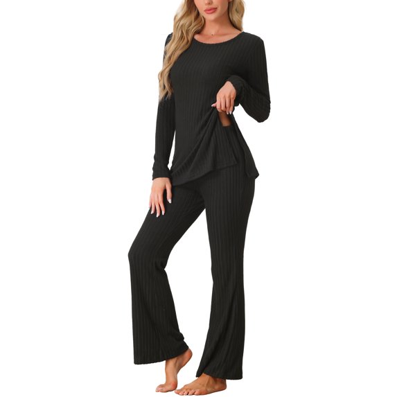 DARING DIVA Women's Ribbed Knit Lounge Set Pajama Sets Matching Outfits M Black