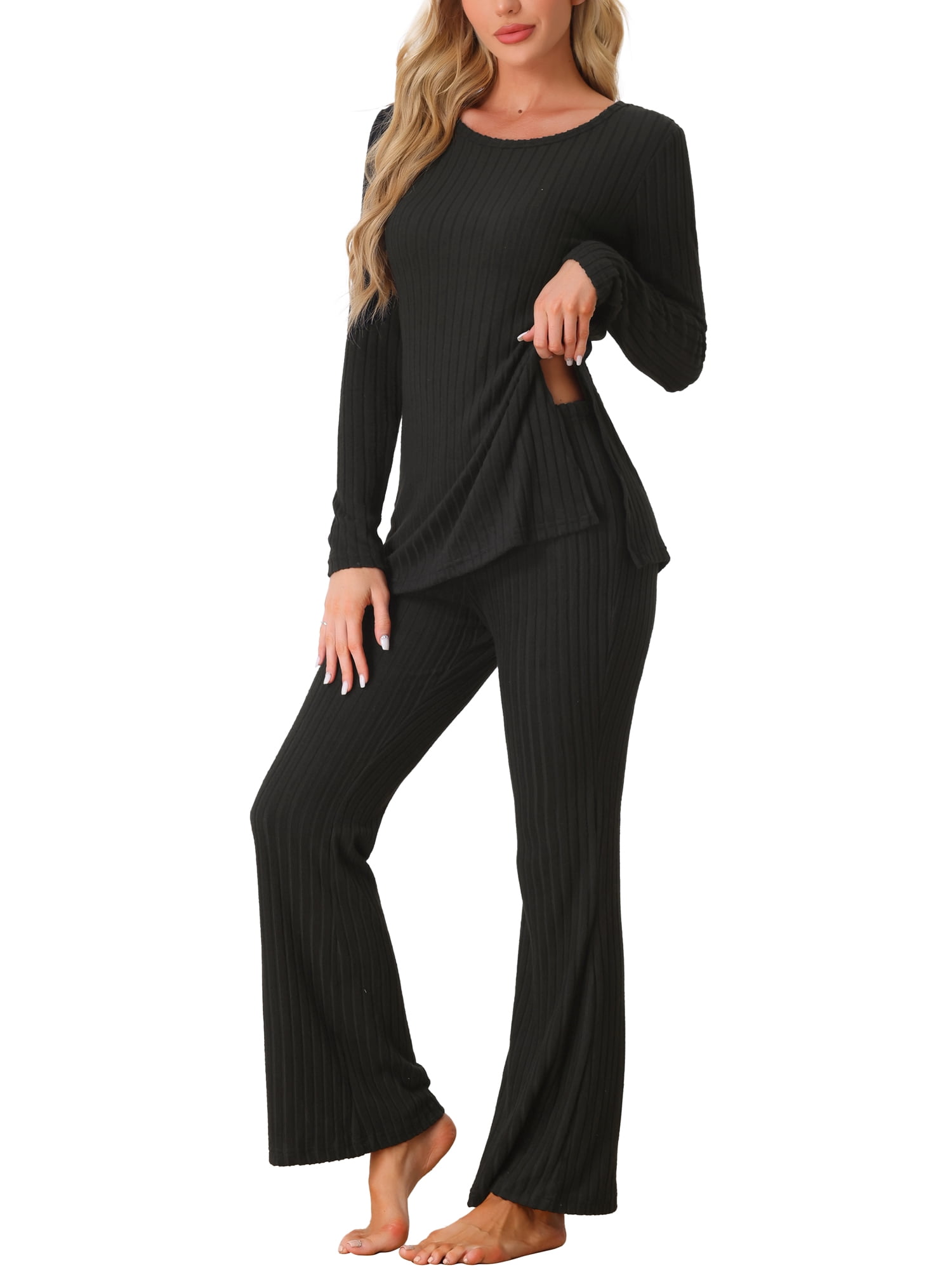 DARING DIVA Women's Ribbed Knit Lounge Set Pajama Sets Matching Outfits XS Black