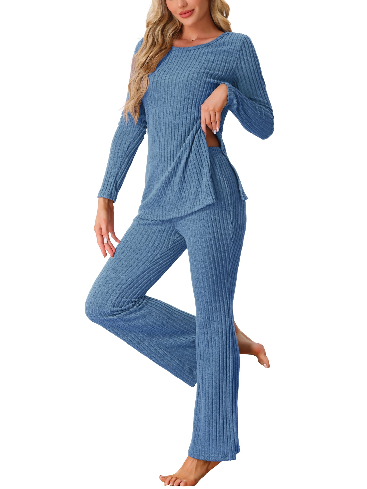 DARING DIVA Women's Ribbed Knit Lounge Set Pajama Sets Matching Outfits L Blue