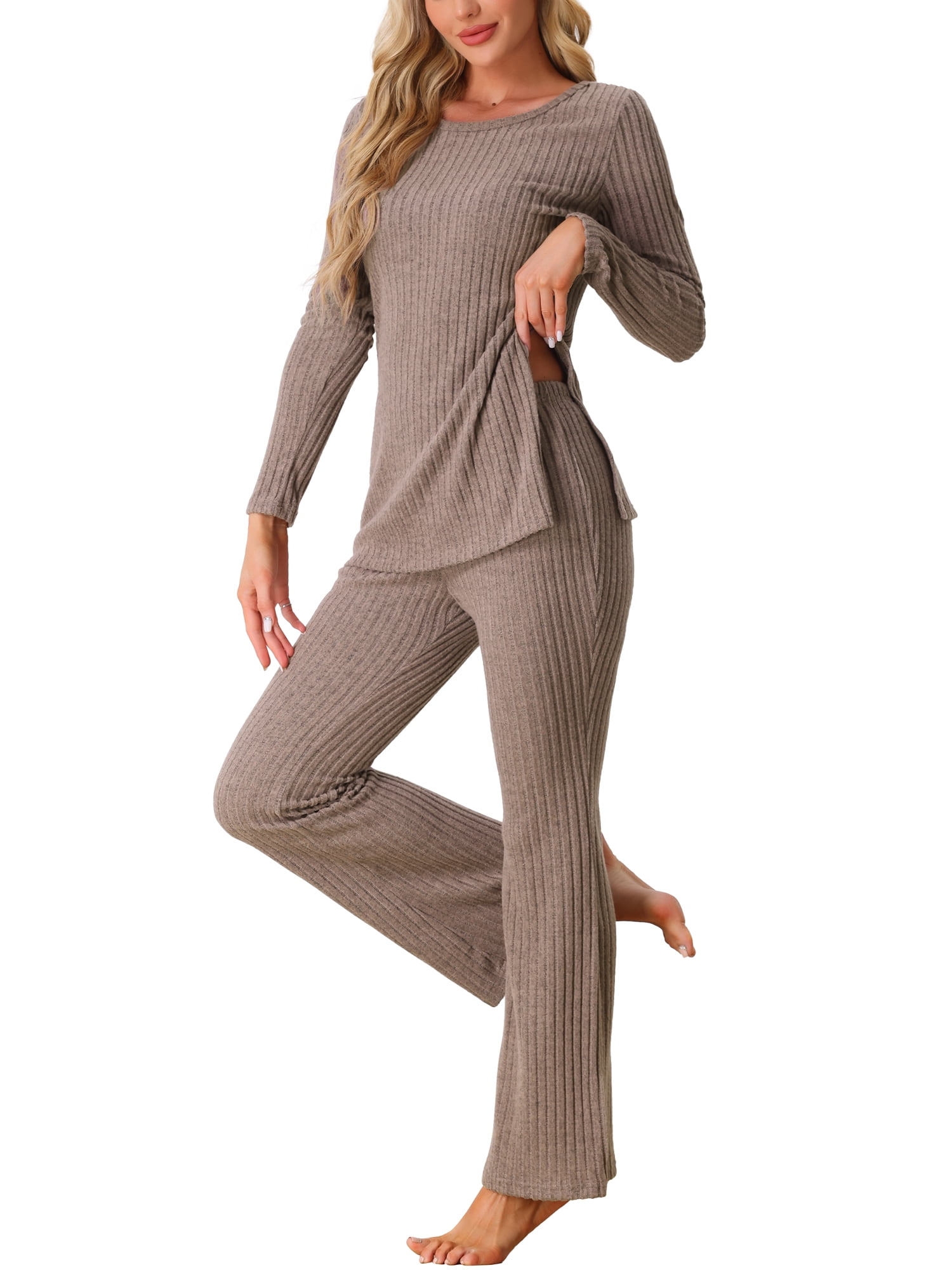 DARING DIVA Women's Ribbed Knit Lounge Set Pajama Sets Matching Outfits S Brown