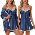 thumbnail image 1 of DARING DIVA Women's 2 Pcs Satin Pajamas Set with Robe XS Navy, 1 of 6
