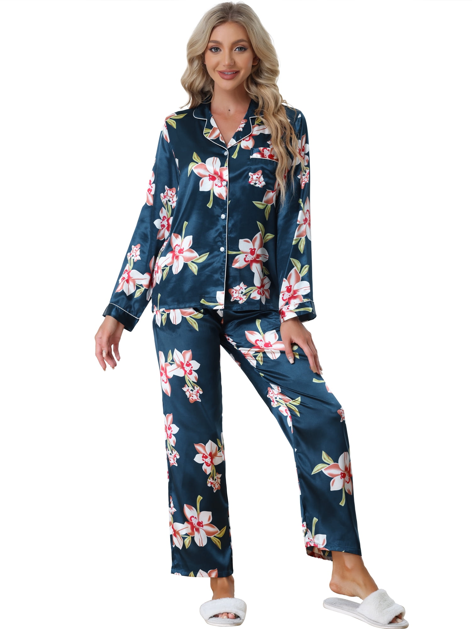 DARING DIVA Women's 2 Pcs Satin Silky Floral Pajama Sets XS Navy Blue
