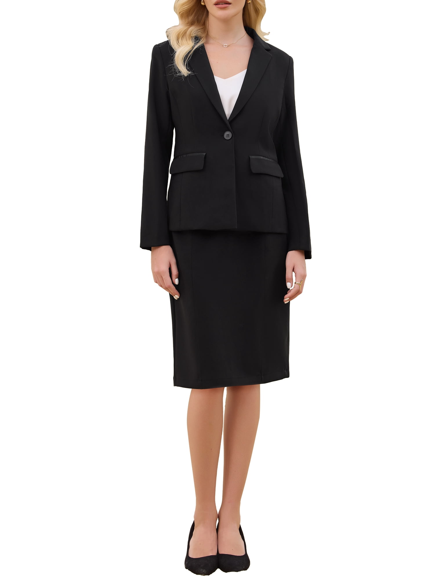 DARING DIVA Women's 2 Pcs Skirt Suit Business Work Blazers and Pencil Skirts S Black