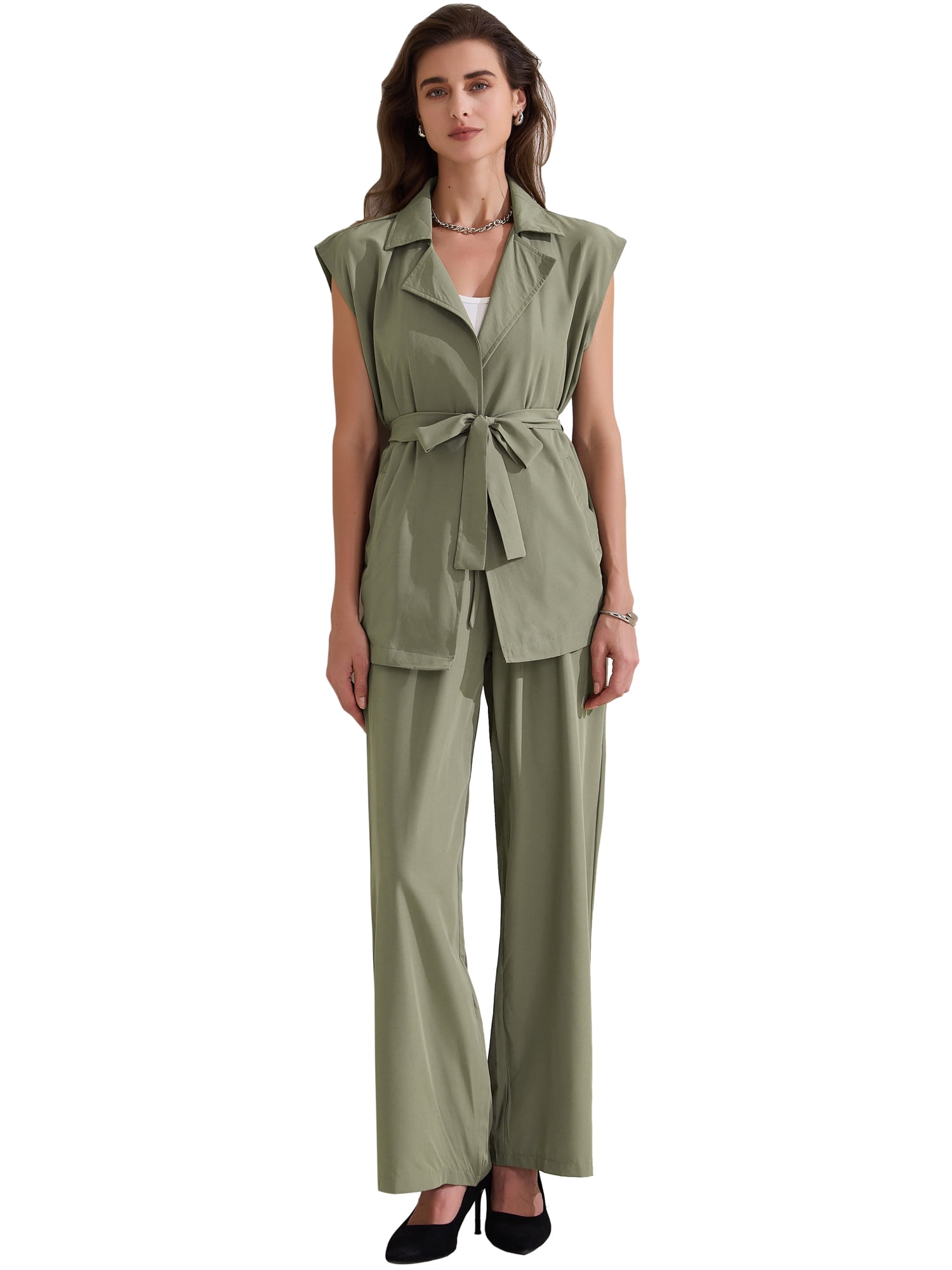 DARING DIVA Women's 2 Pcs Sleeveless Vest Wide Leg Pants L Army Green