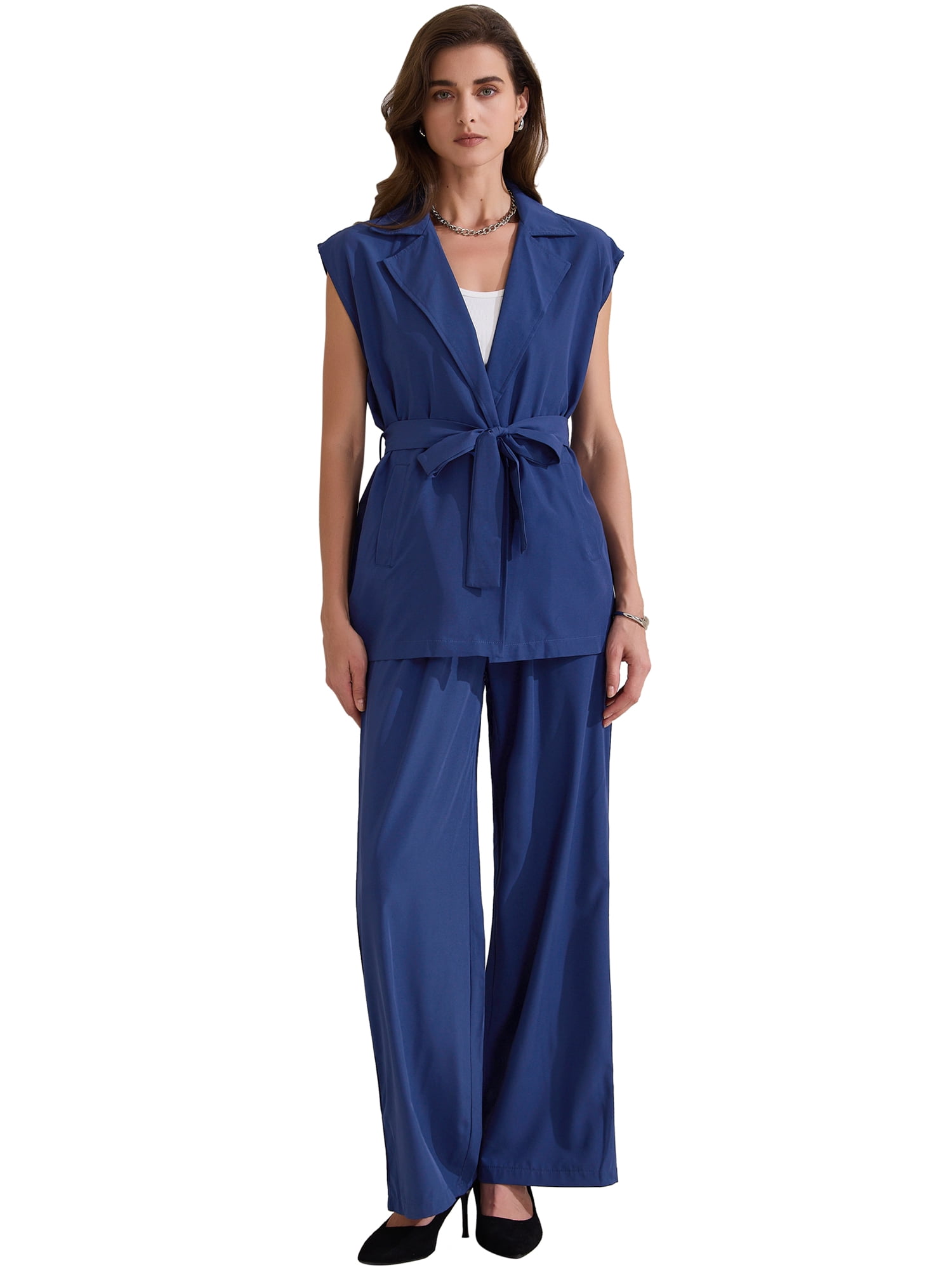 DARING DIVA Women's 2 Pcs Sleeveless Vest Wide Leg Pants S Navy Blue