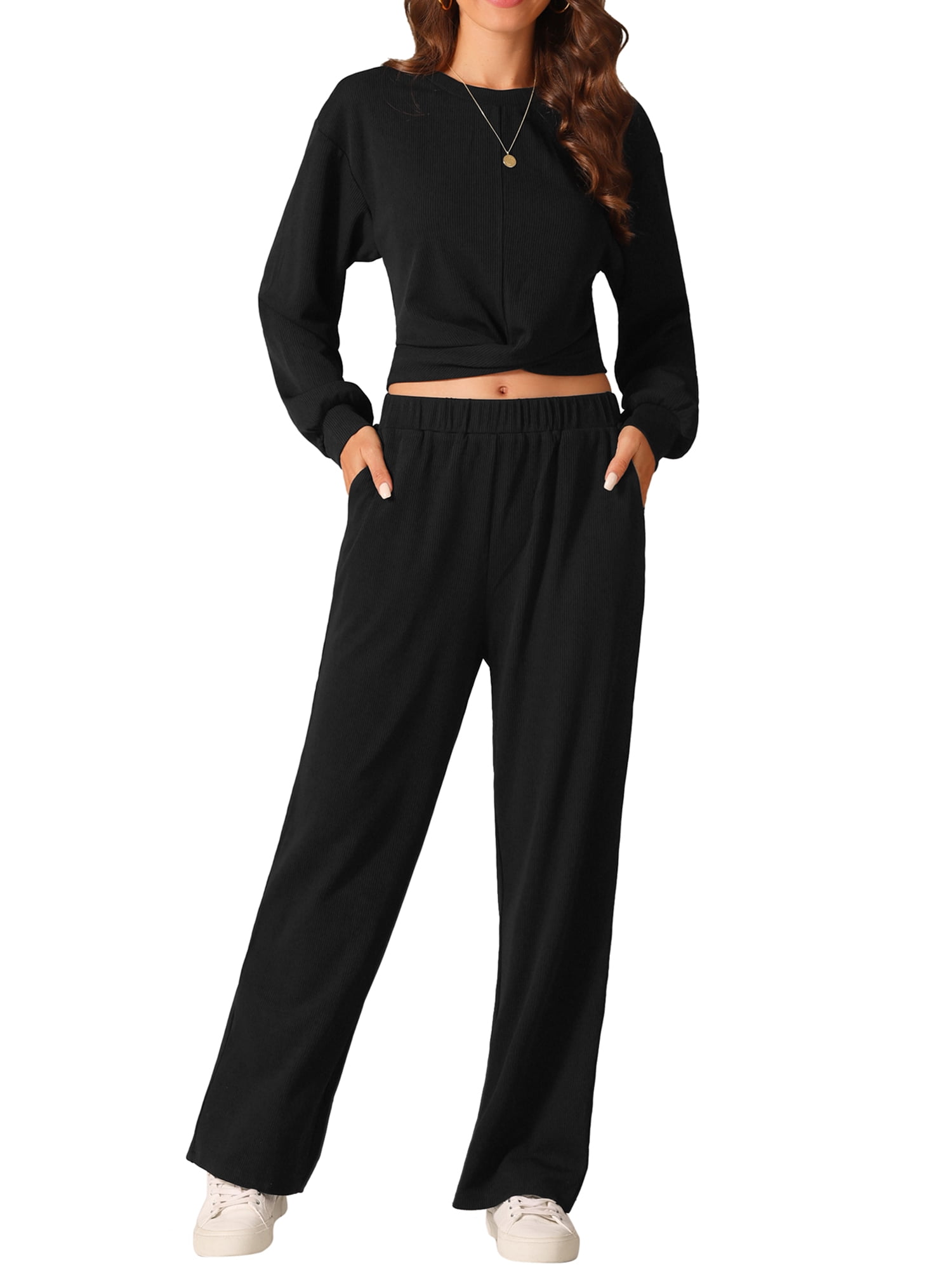 DARING DIVA Women's 2 Pcs Sweatsuit Cropped Sweatshirt and Wide Leg Pant M Black