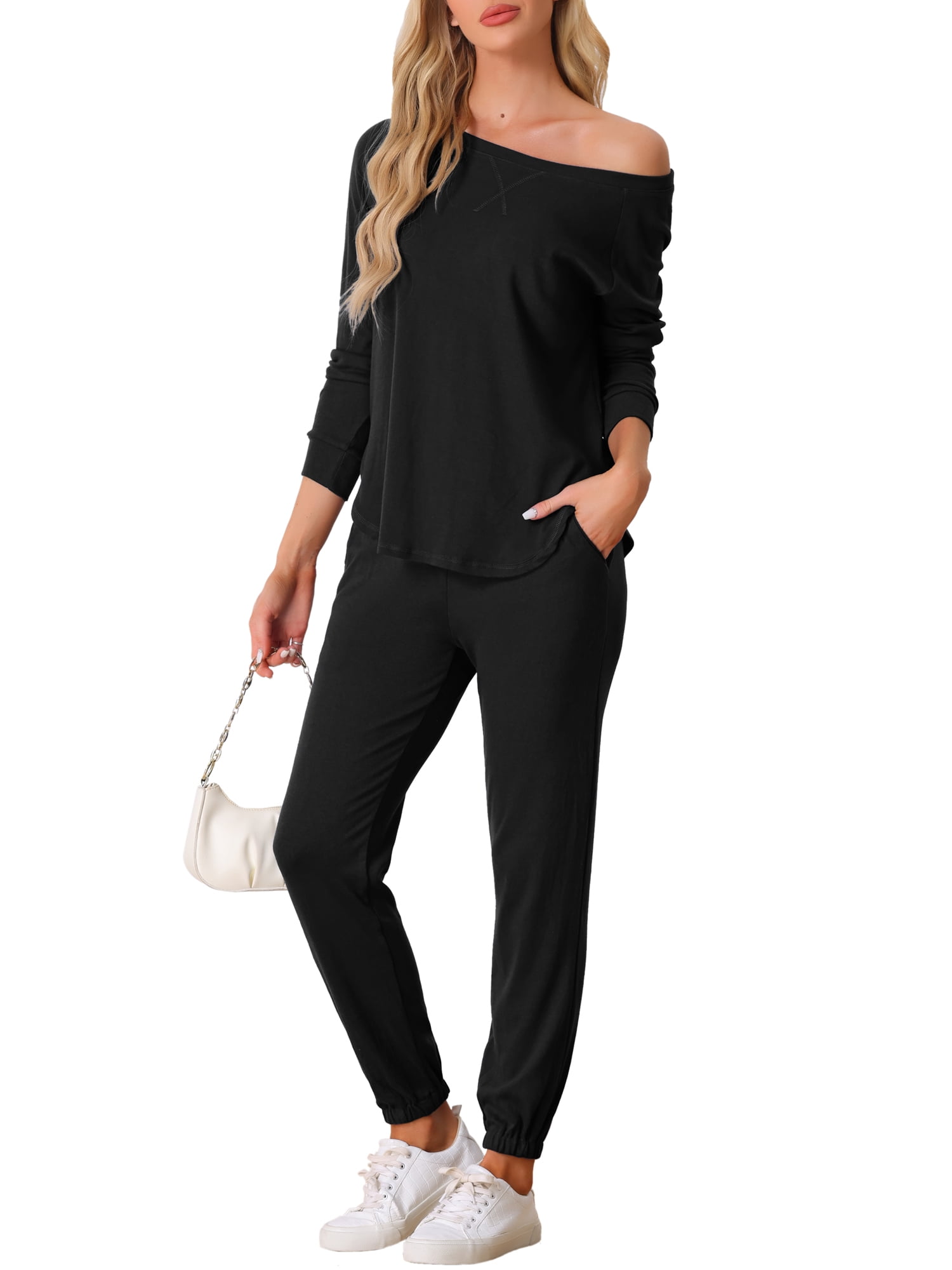 DARING DIVA Women's Travel Outfit Knit Long Sleeve Loungewear Set 2XL Black
