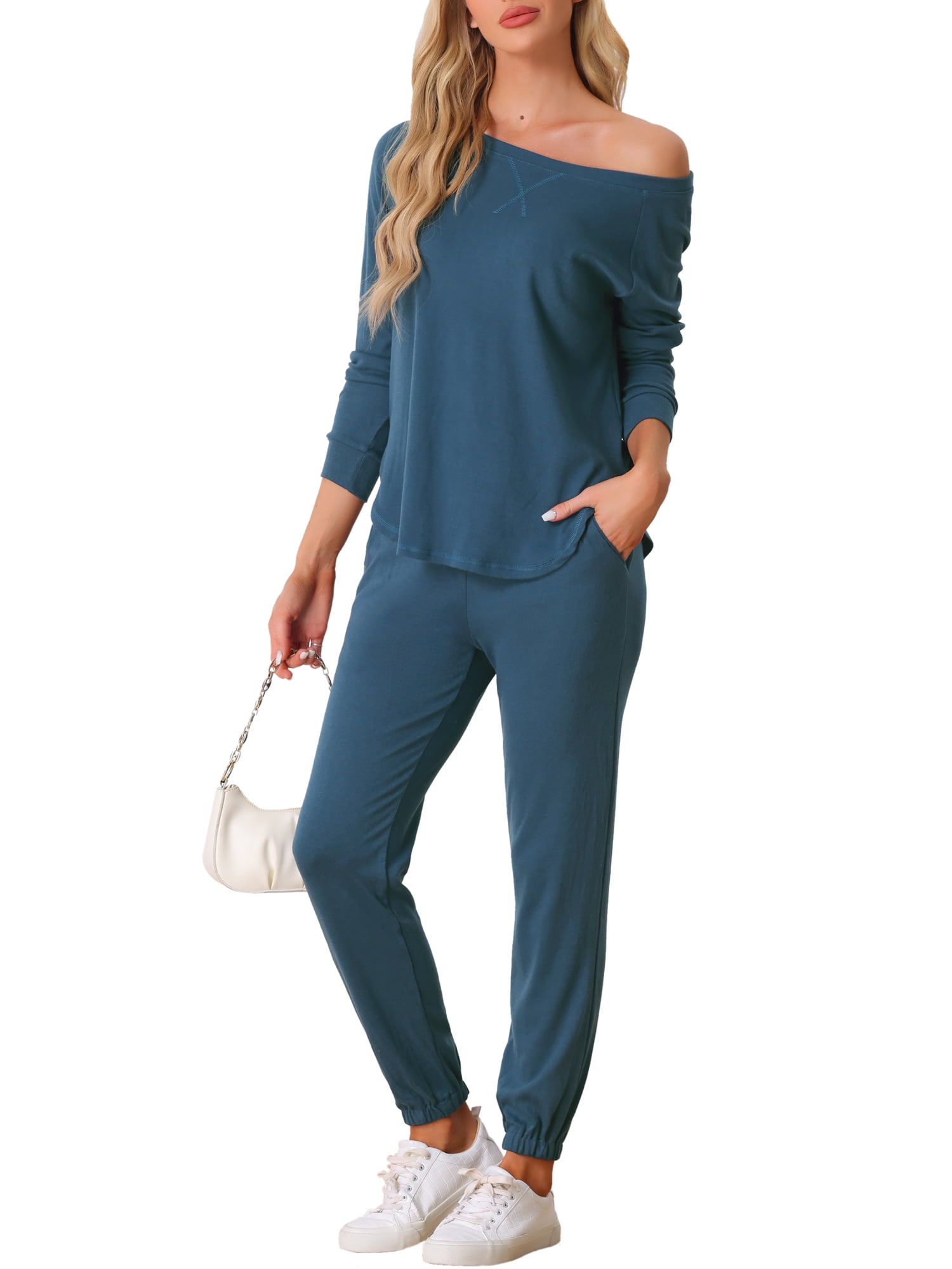 DARING DIVA Women's Travel Outfit Knit Long Sleeve Loungewear Set XL Blue