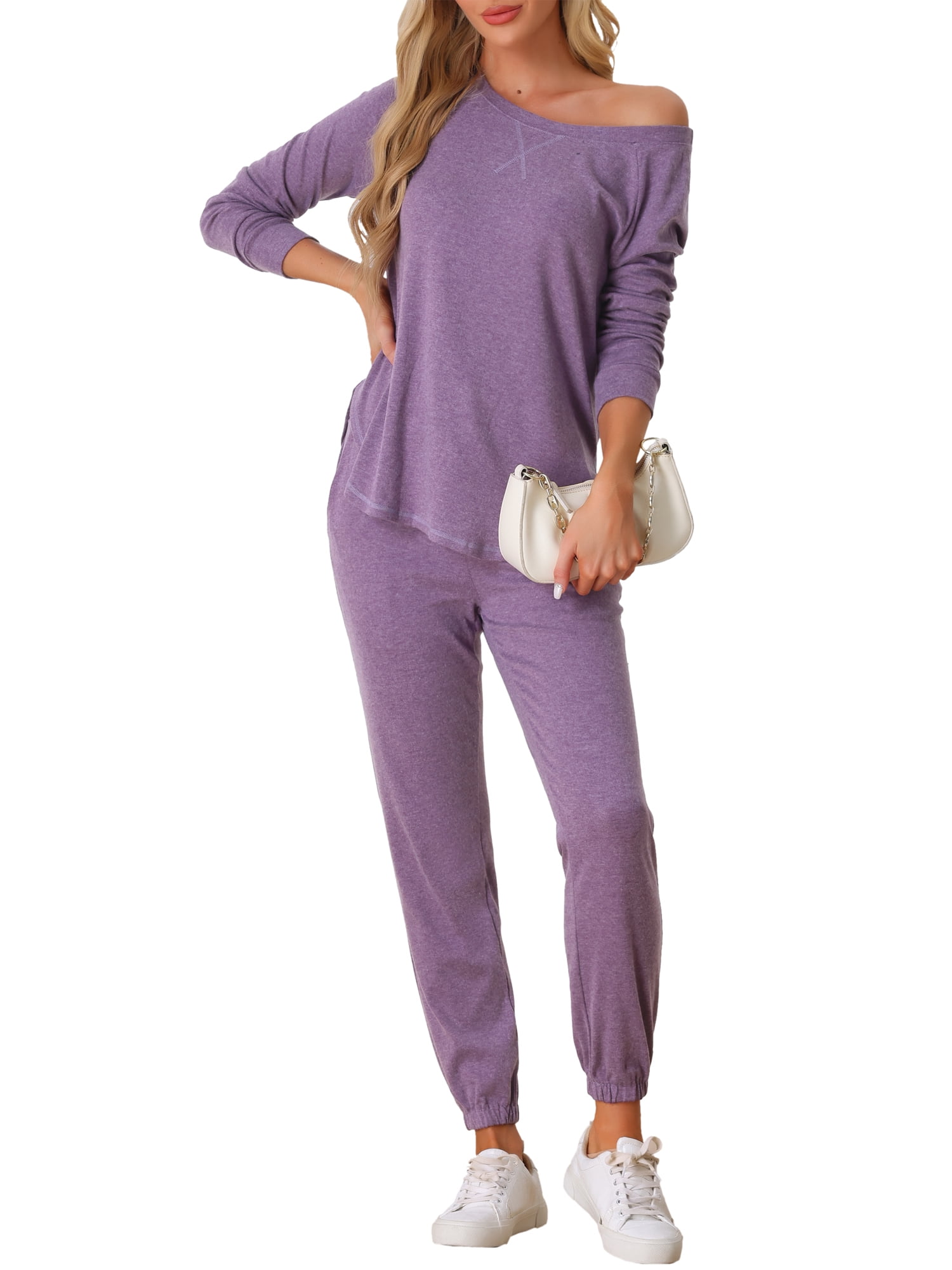 DARING DIVA Women's Travel Outfit Knit Long Sleeve Loungewear Set M Purple