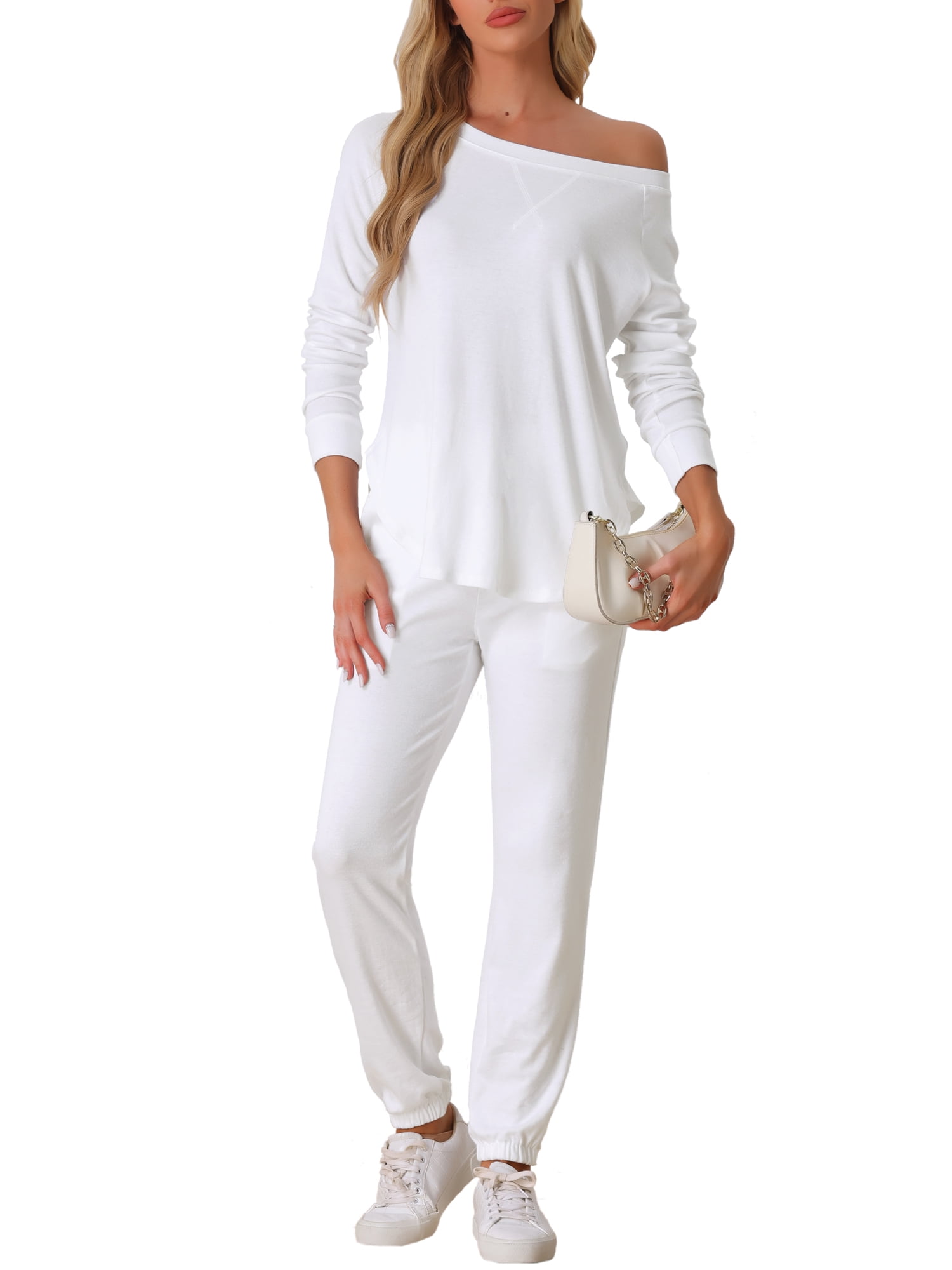 DARING DIVA Women's Travel Outfit Knit Long Sleeve Loungewear Set 2XL White