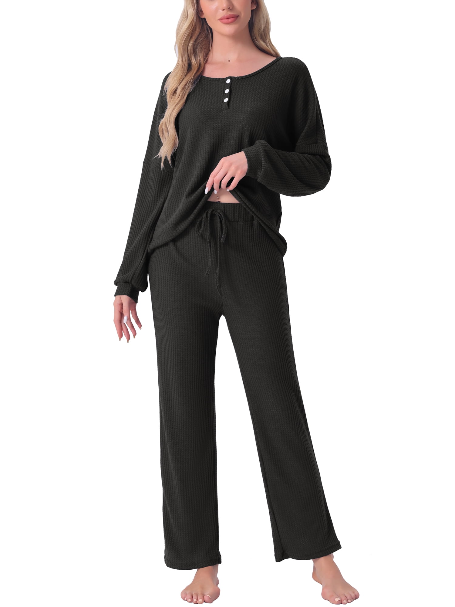 DARING DIVA Women's Pajama Set Waffle Knit Lounge Long Sleeve 2XL Black