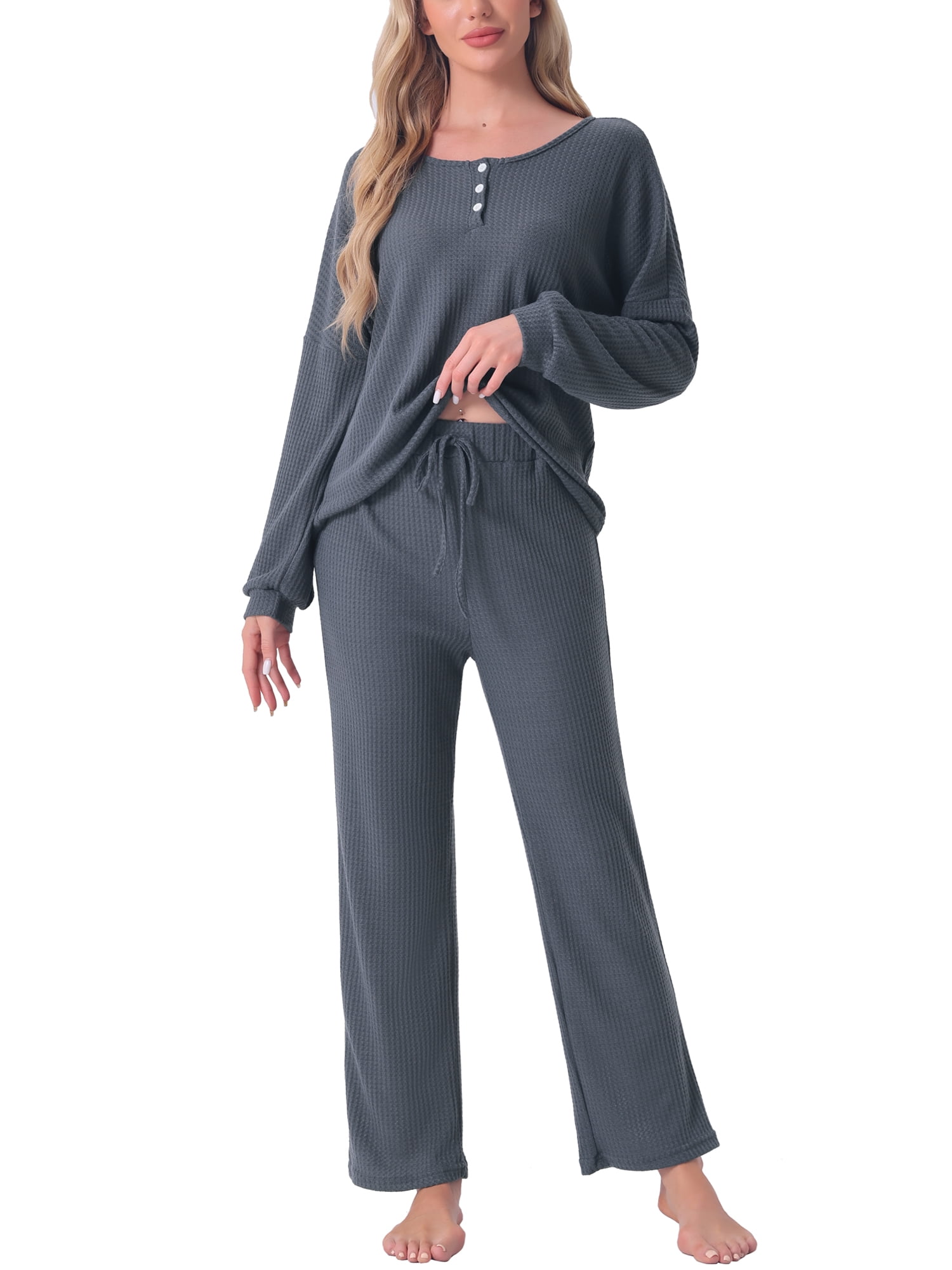 DARING DIVA Women's Pajama Set Waffle Knit Lounge Long Sleeve XL Dark Gray