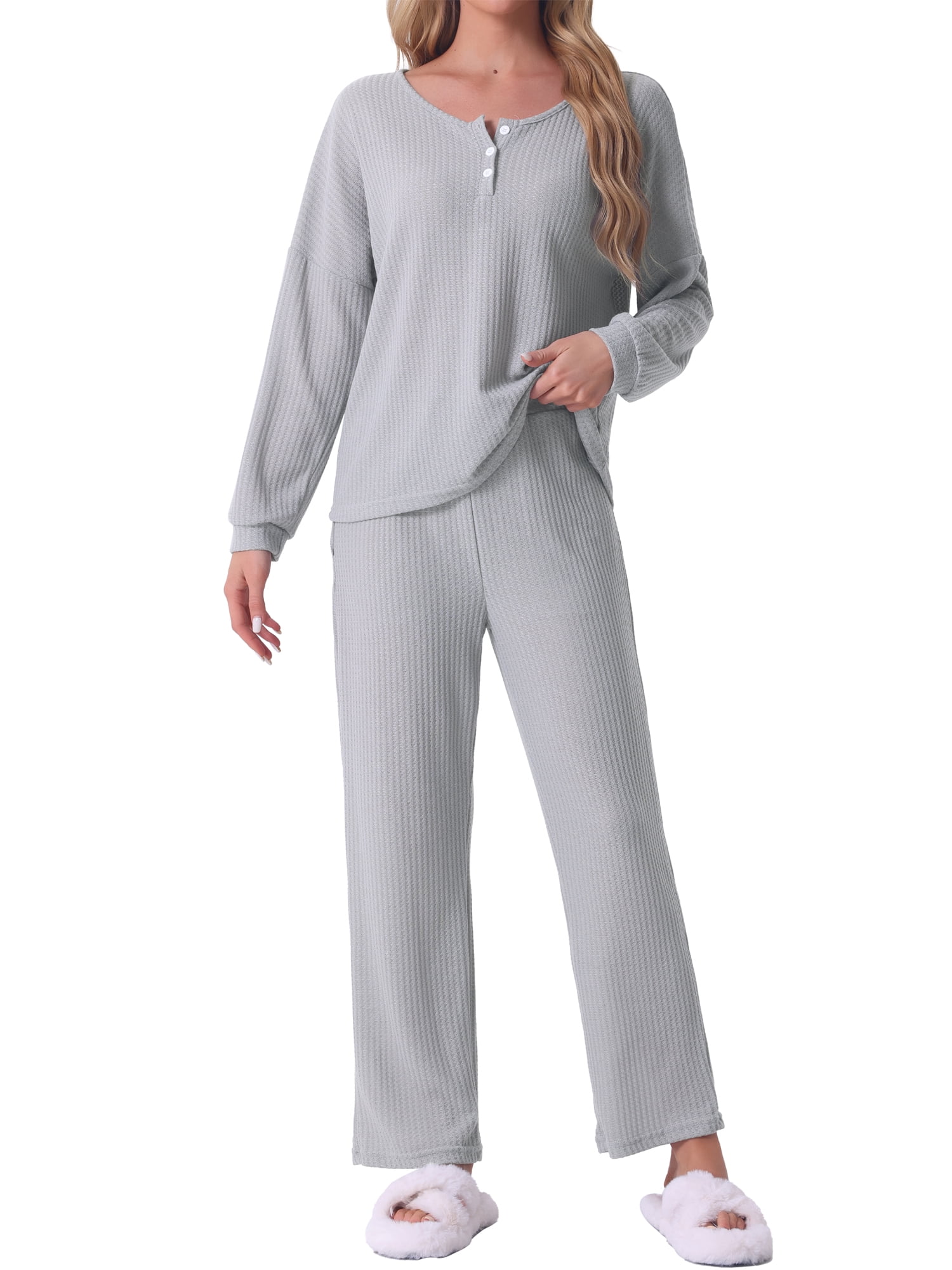 DARING DIVA Women's Pajama Set Waffle Knit Lounge Long Sleeve L Light Gray