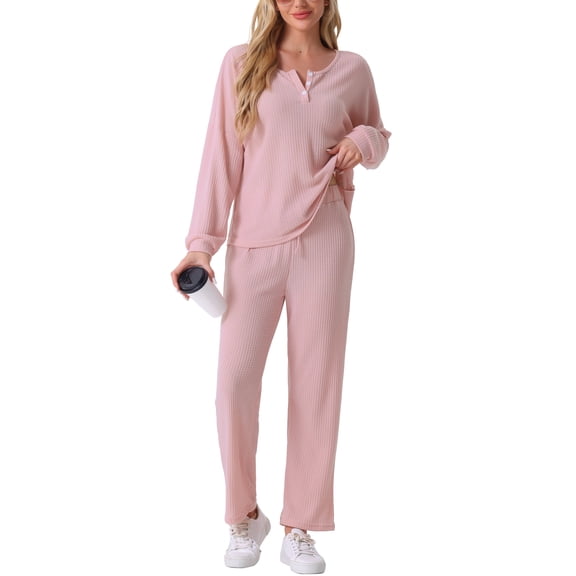 DARING DIVA Women's 2 Pcs Waffle Knit Lounge Pajama Set Sweatsuit Outfits Pink L