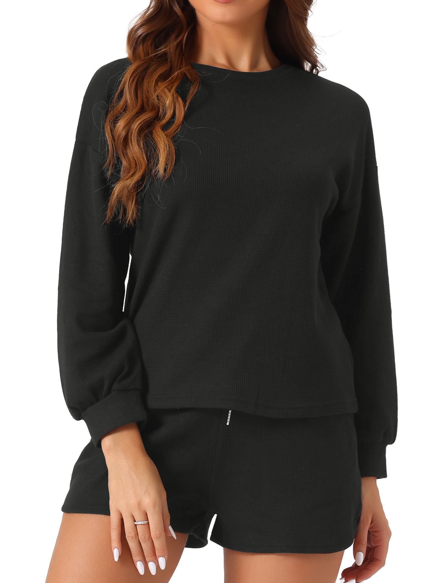 DARING DIVA Women's Waffle Knit Lounge Set Long Sleeve Sweatshirt XL Black