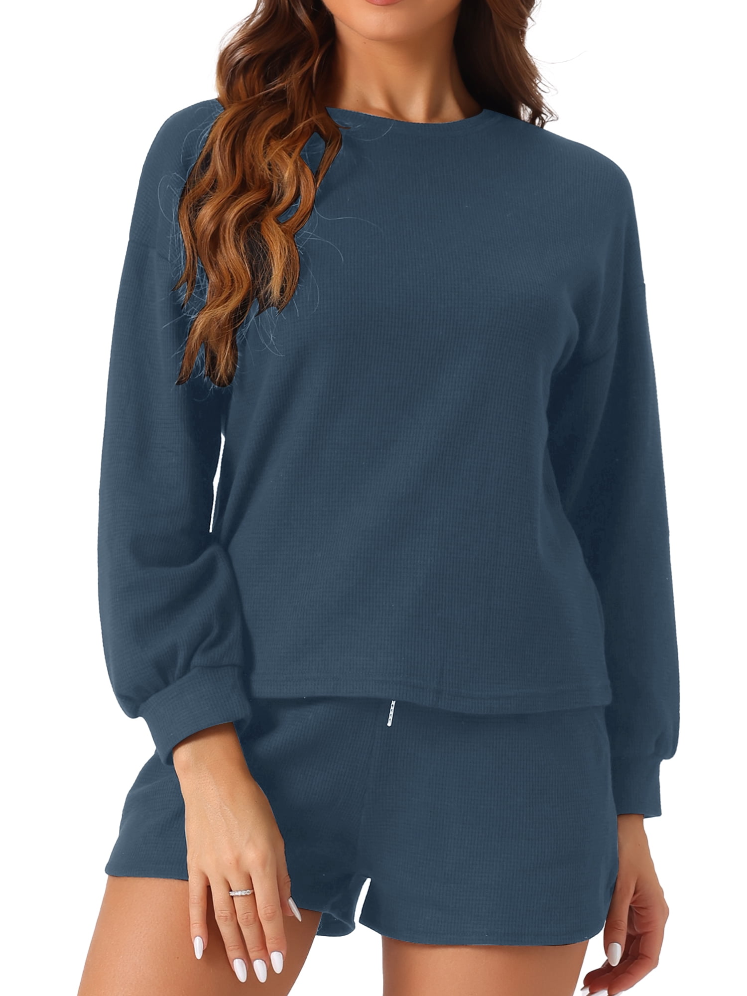 DARING DIVA Women's Waffle Knit Lounge Set Long Sleeve Sweatshirt XL Blue