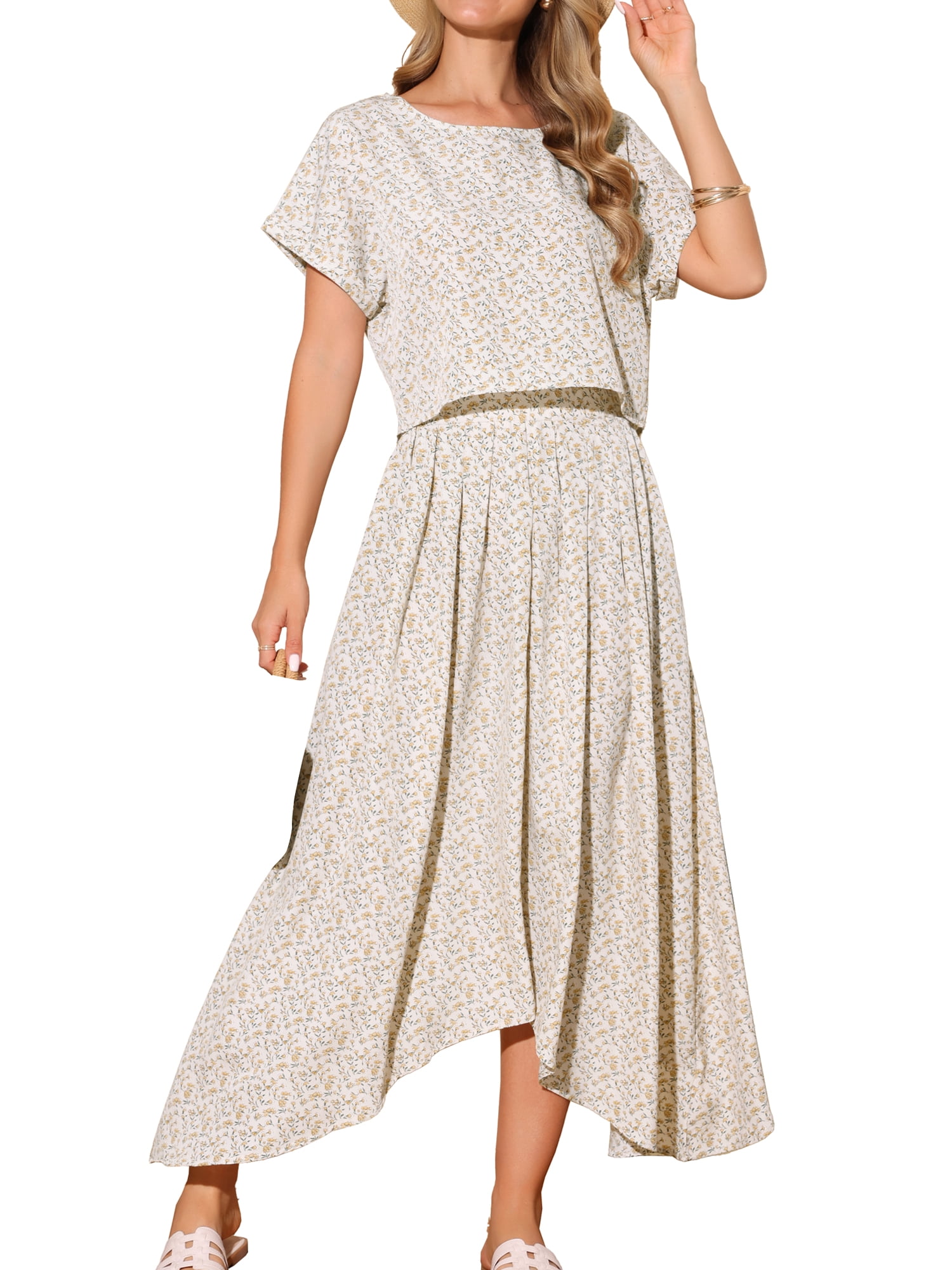 DARING DIVA Women's 2 Piece Casual Floral Dress and Maxi Skirt Set S Apricot