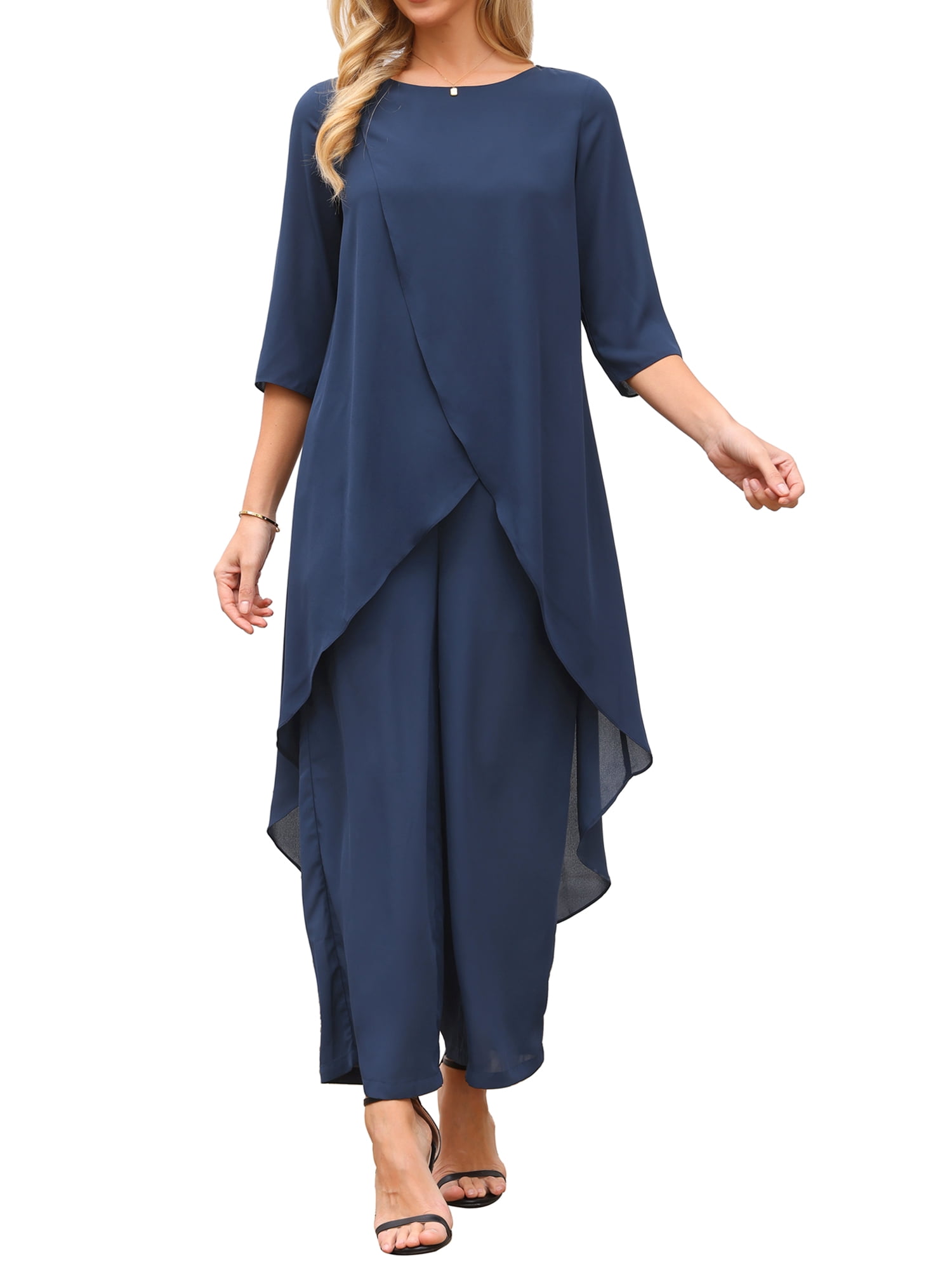 DARING DIVA Women's 2 Piece Chiffon Sets Dressy Pantsuit High Low Top Outfit L Dark Blue