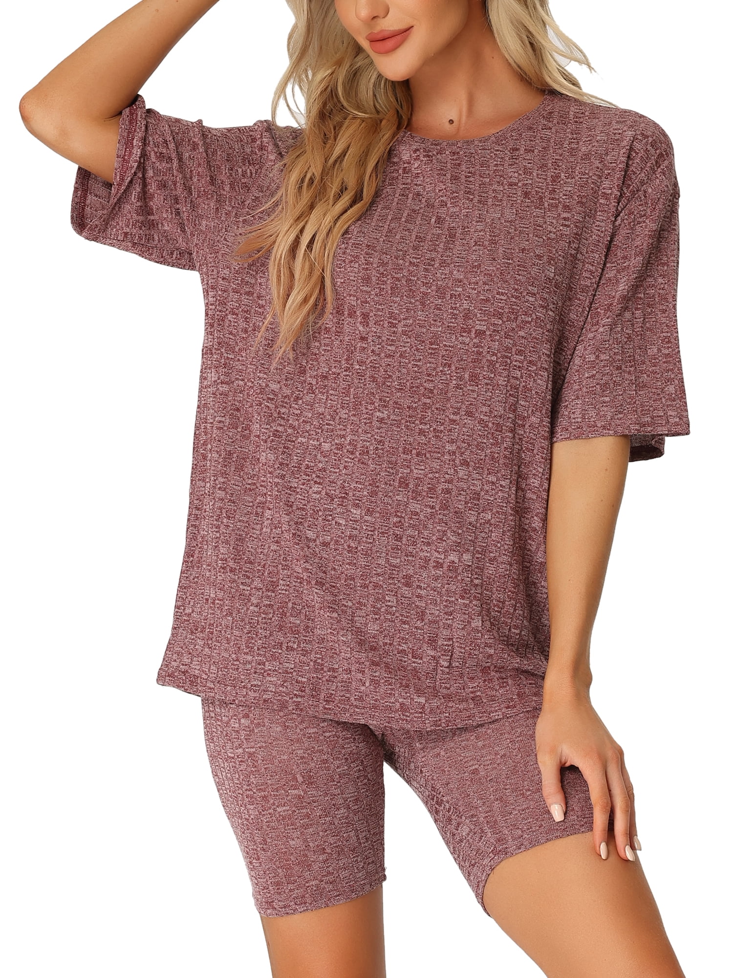 DARING DIVA Women's 2-Piece Knit Soft Tracksuit Short Sleeve Sweatshirt Set S Dark Red
