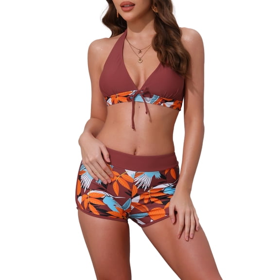 DARING DIVA Women's 2 Piece Leaf Print Color Block Bikini Set XS Red Brown