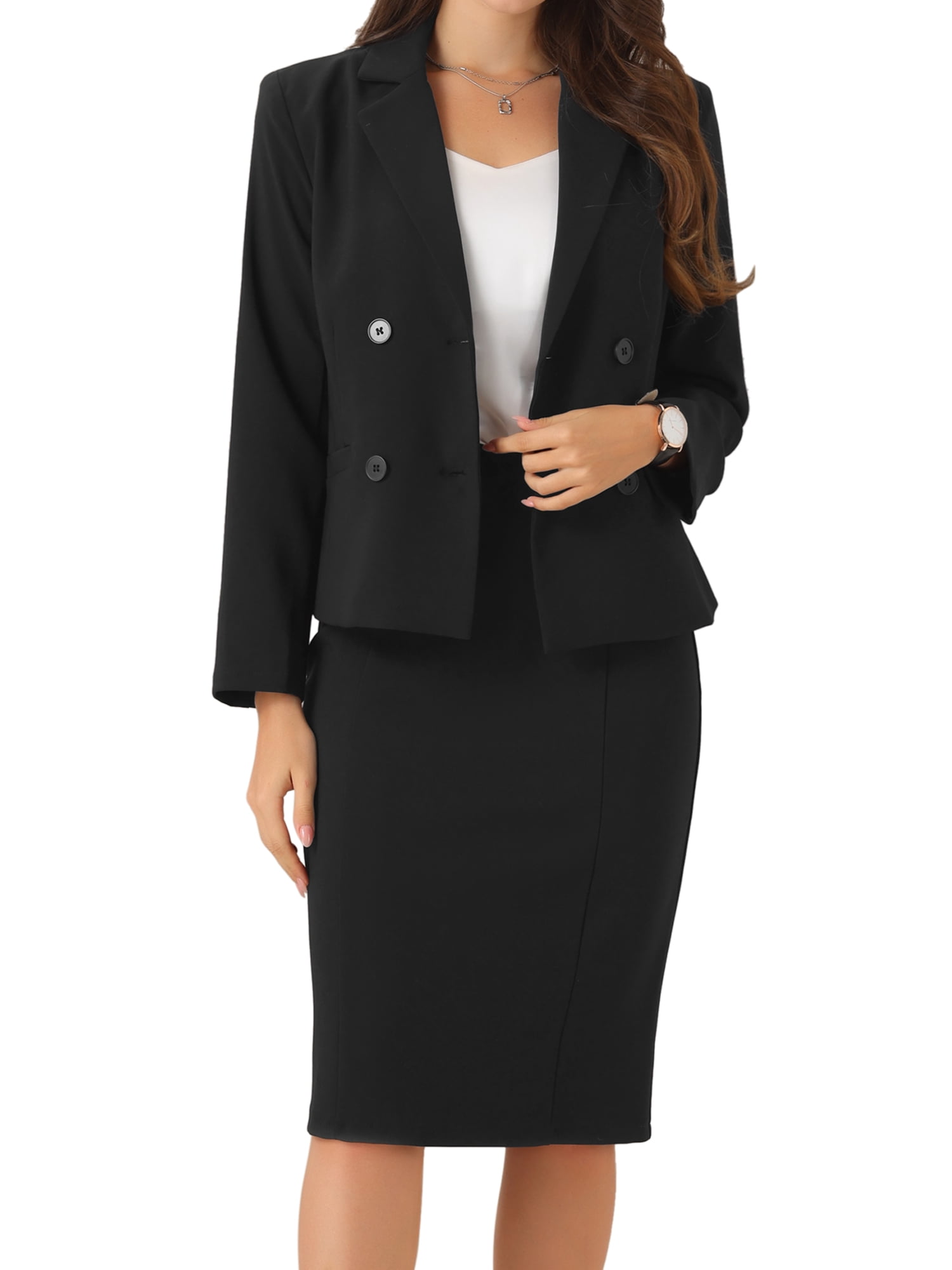 DARING DIVA 2Pcs Women's Long Sleeve Blazer Pencil Skirt Suit Set S Black