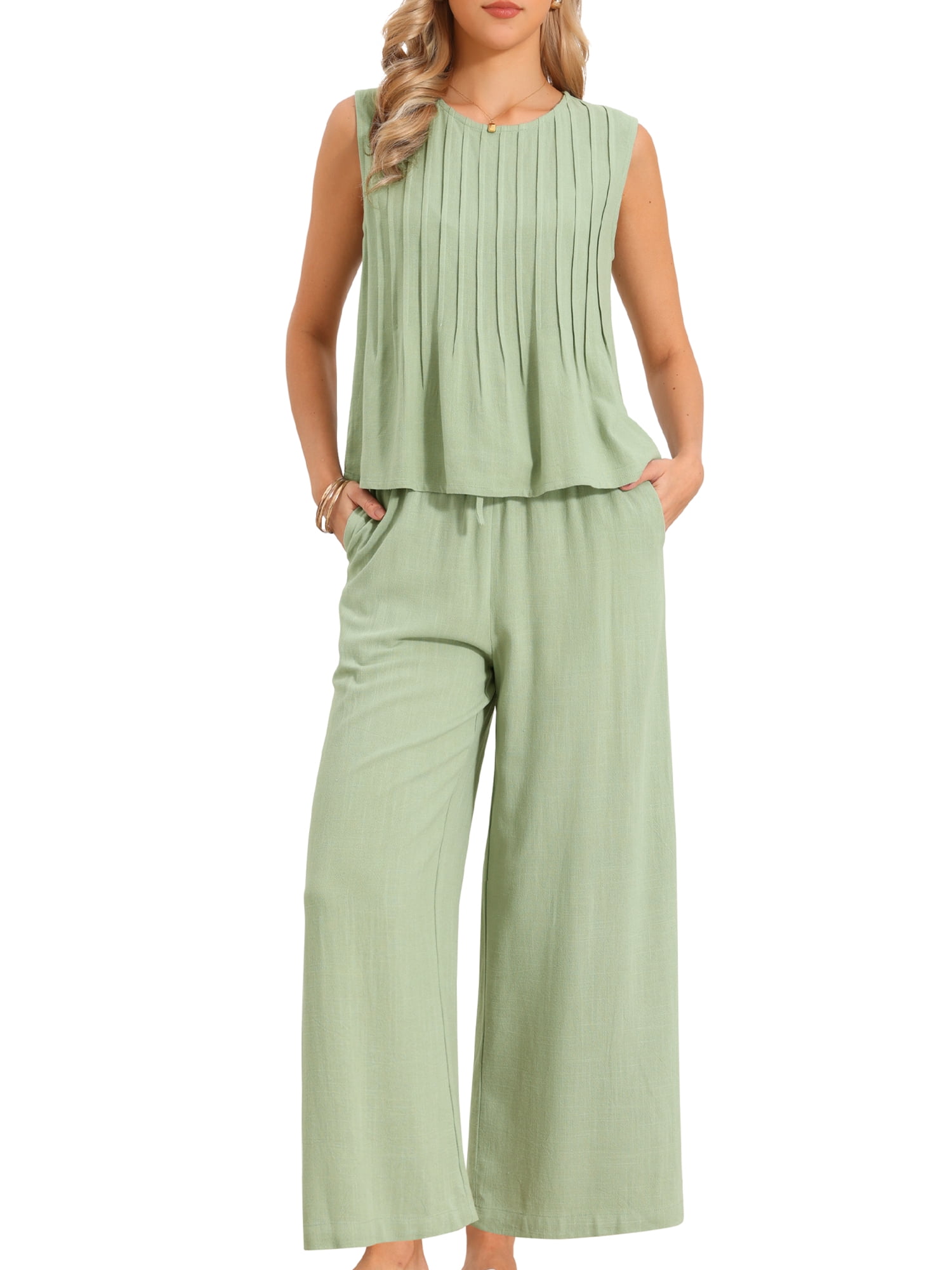 DARING DIVA Women's 2 Piece Outfit Linen Cropped Tops Leg Pants Lounge Set XS Green