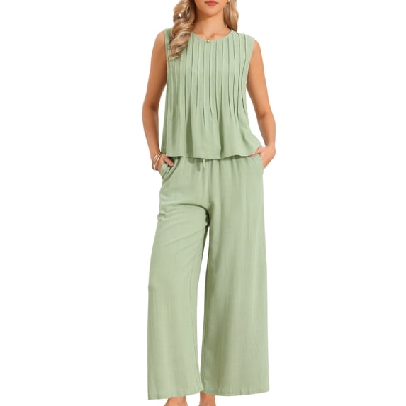 DARING DIVA Women's 2 Piece Outfit Linen Cropped Tops Leg Pants Lounge Set XS Green