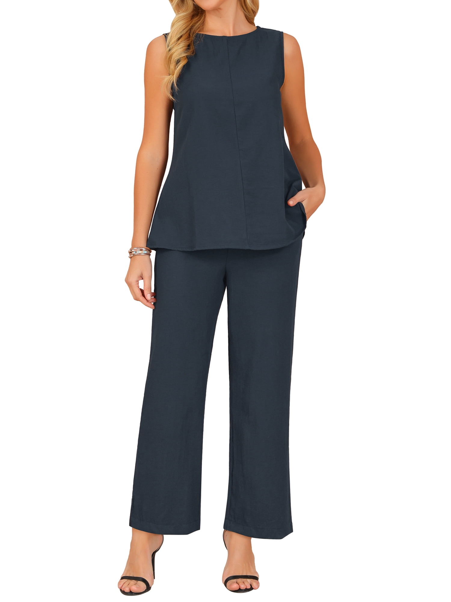 DARING DIVA Women's 2 Piece Outfits Sleeveless Tank Top Wide Leg Pants Set M Dark Blue