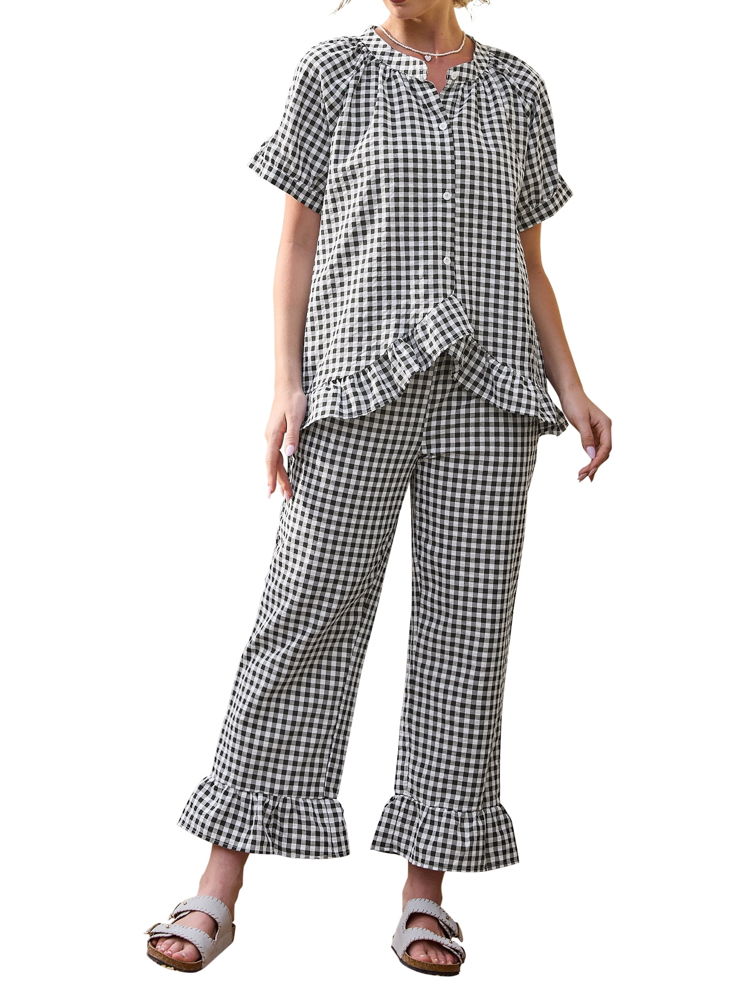 DARING DIVA Women's 2 Piece Pajamas Sets Gingham Short Sleeve Babydoll Shirt L Black