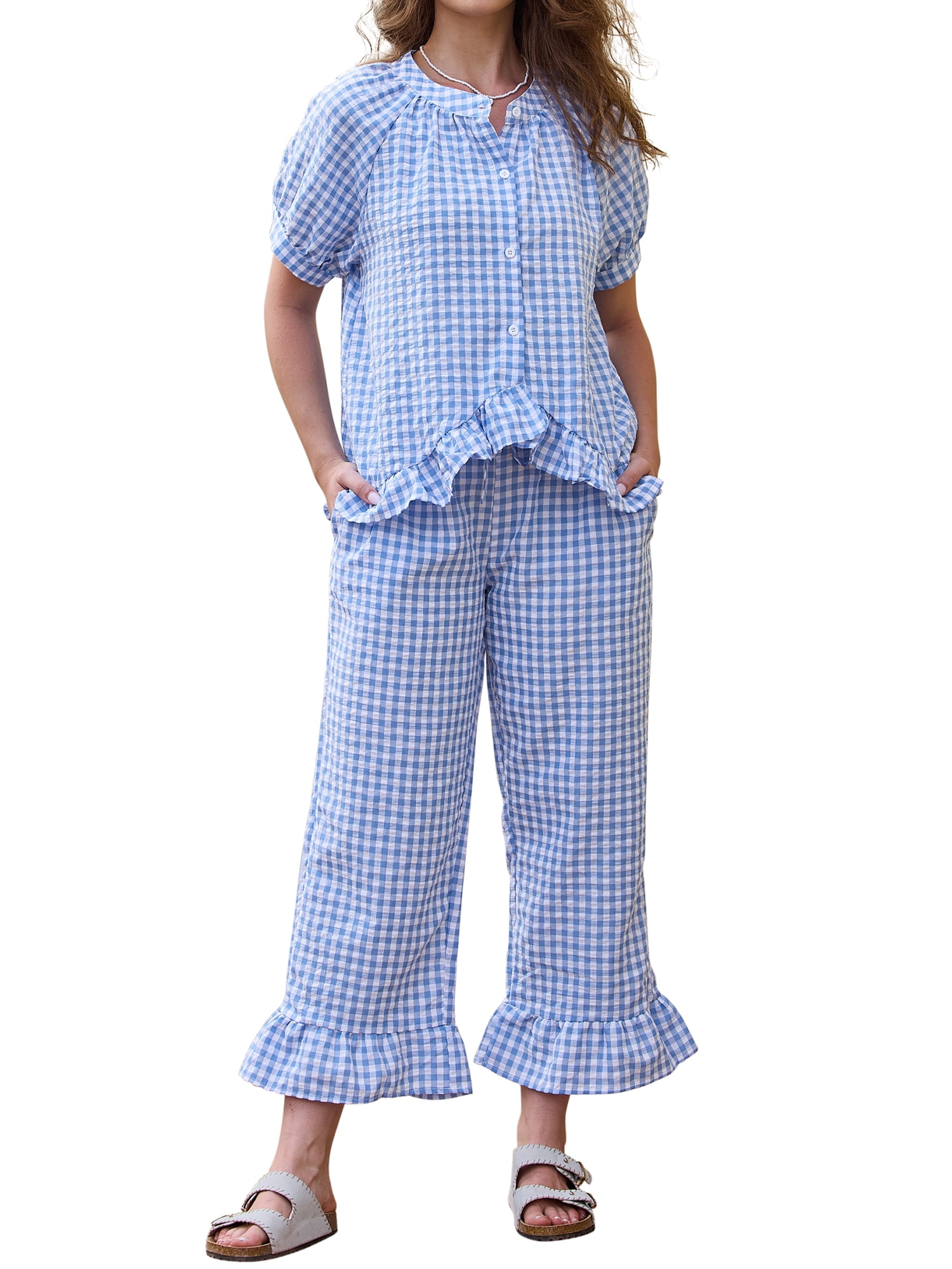 DARING DIVA Women's 2 Piece Pajamas Sets Gingham Short Sleeve Babydoll Shirt S Blue