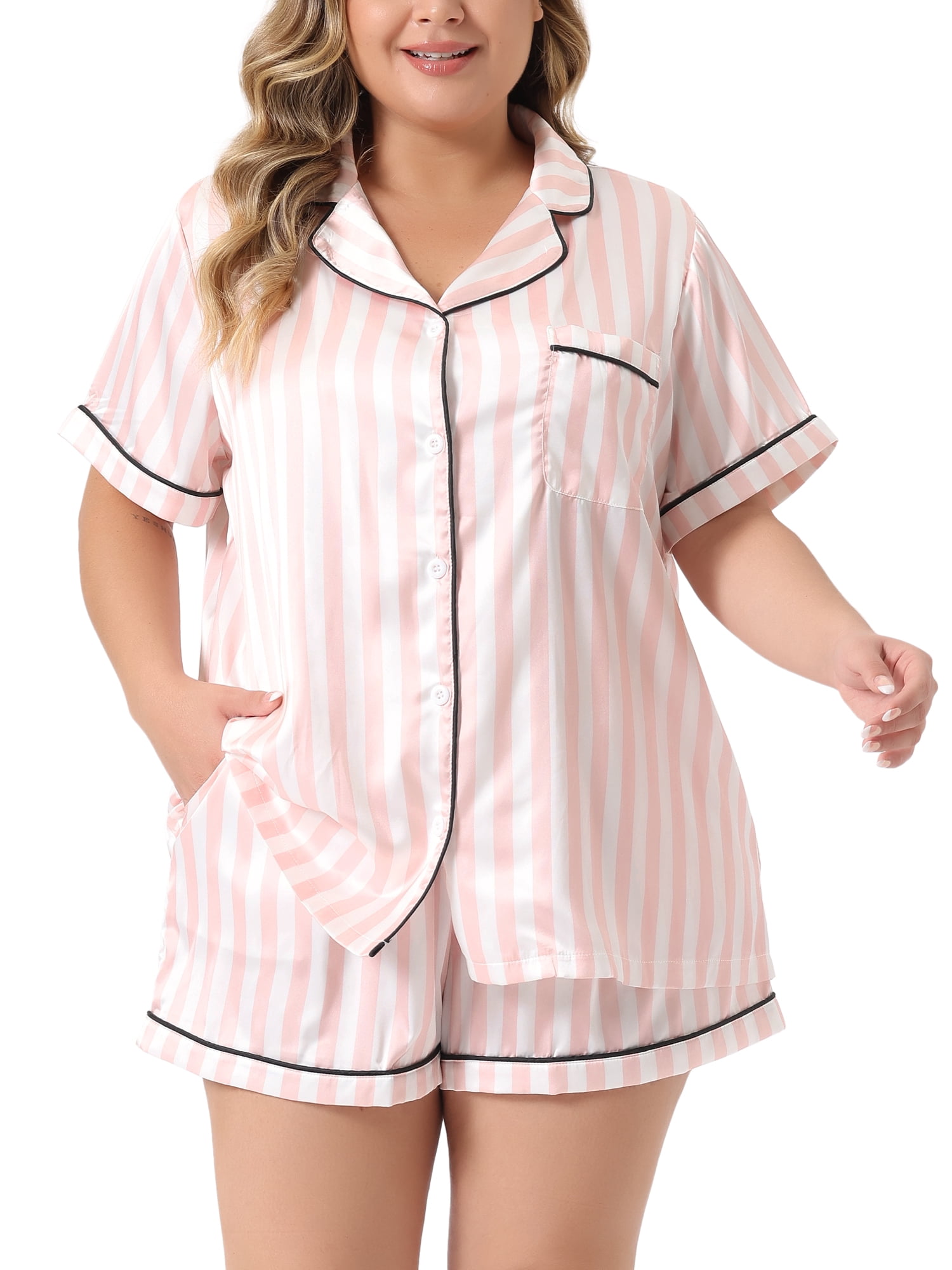 DARING DIVA Women's 2-Piece Plus Short Sleeve Button Shirt Shorts Lounge Set 2X Pink