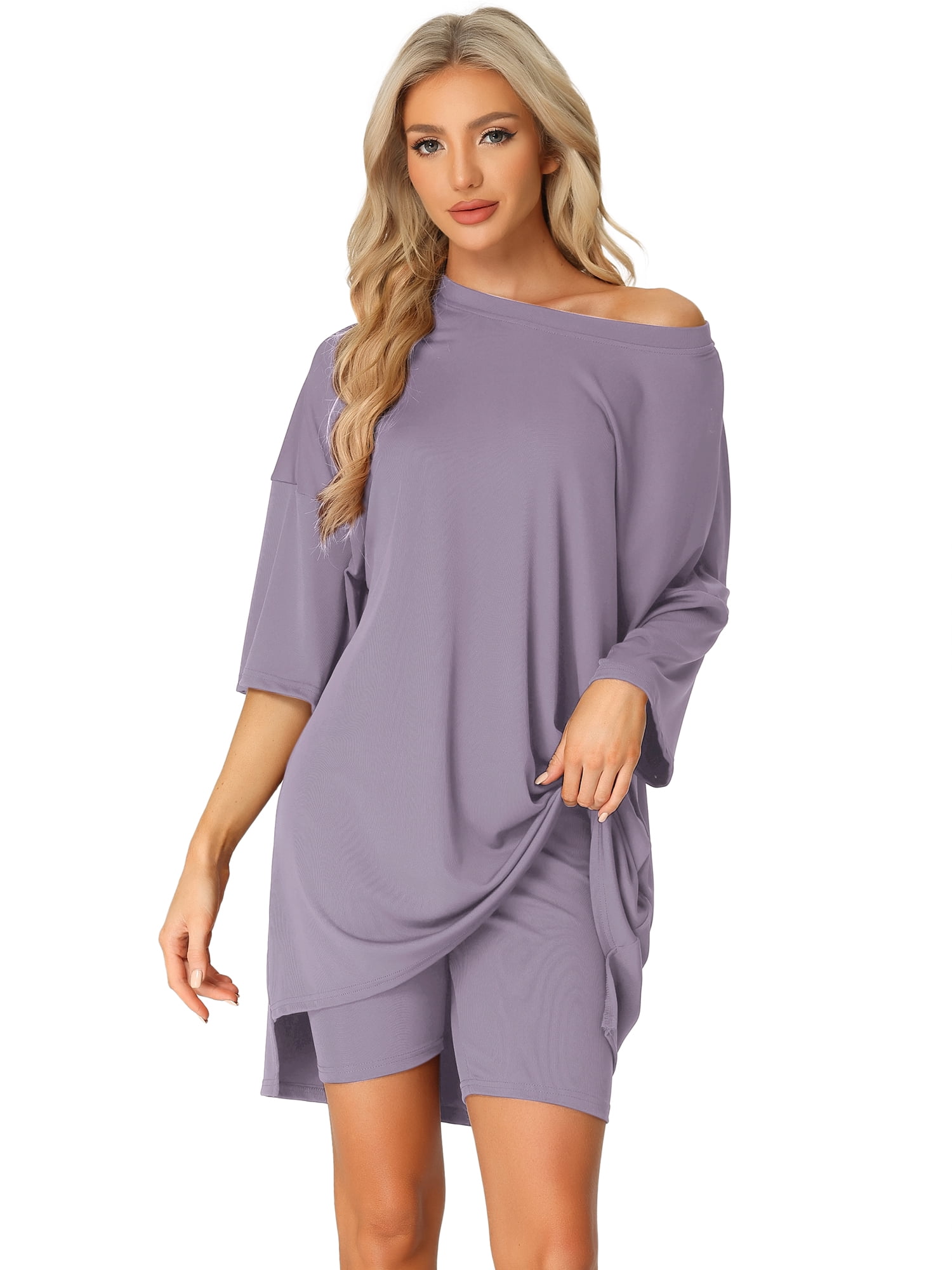 DARING DIVA Women's 2-Piece Plus Size  T-Shirt with Biker Shorts Set XL Gray Purple