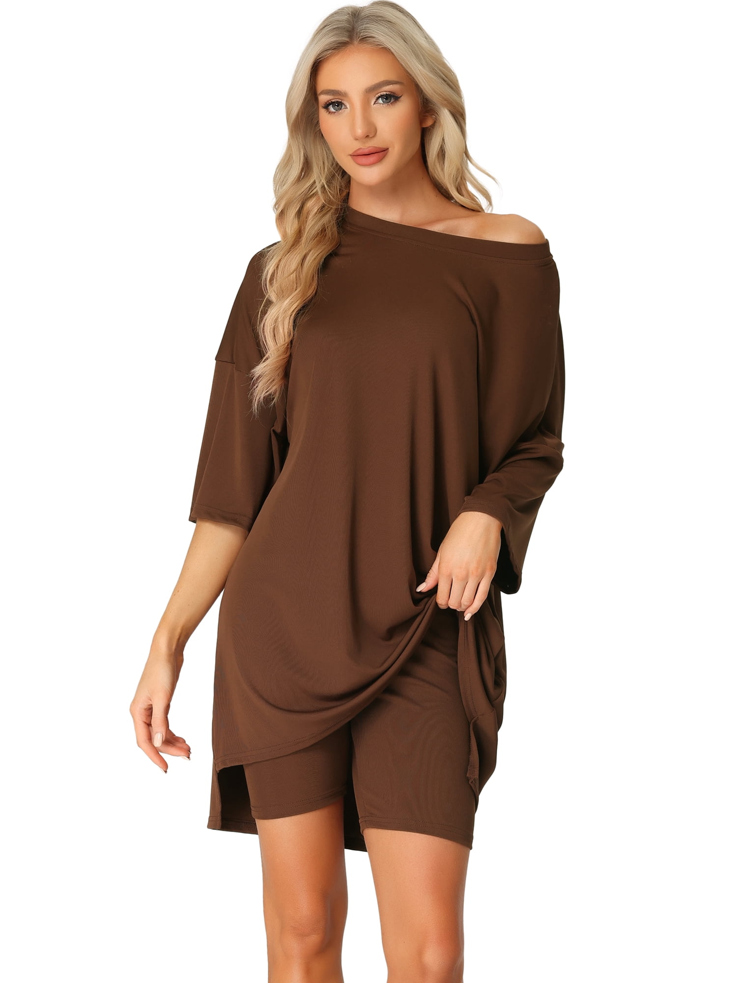 DARING DIVA Women's 2-Piece Plus Size Workout T-Shirt with Biker Shorts Set L Brown