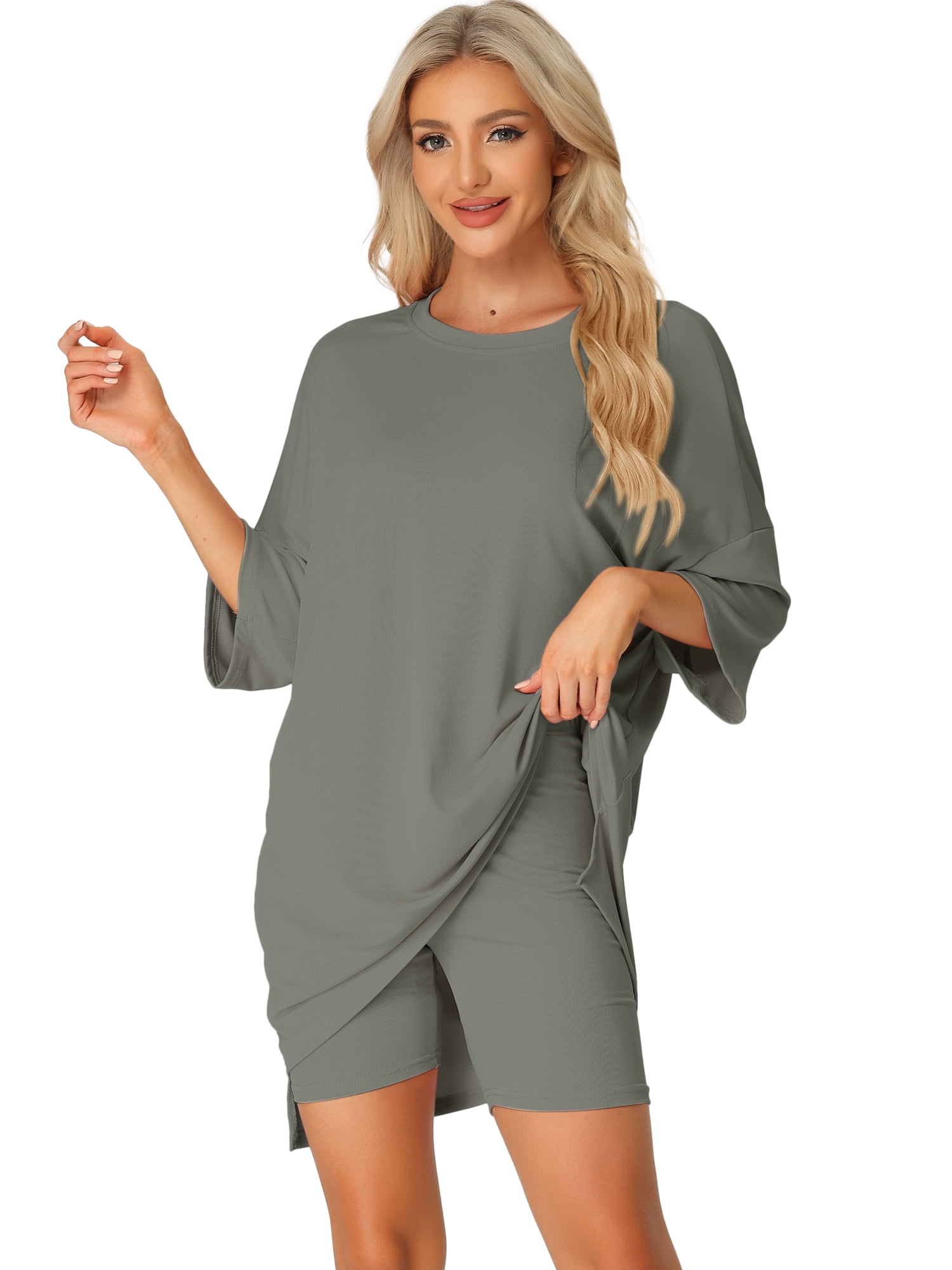 DARING DIVA Women's 2-Piece Plus Size Workout T-Shirt with Biker Shorts Set S Gray