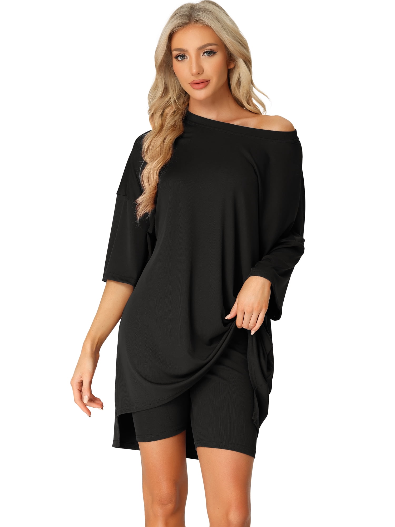 DARING DIVA Women's 2-Piece Plus Size Workout T-Shirt with Biker Shorts Set XL Black
