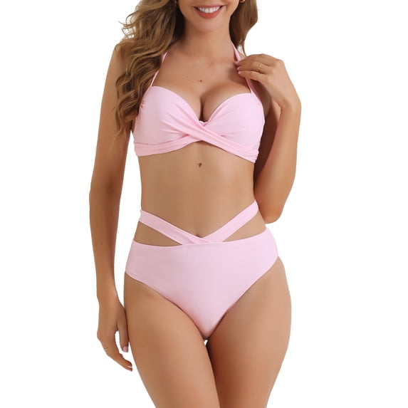 DARING DIVA Women's 2 Piece Push Up Halter Wide Tie Triangle Bottom Bikini Sets L Pink