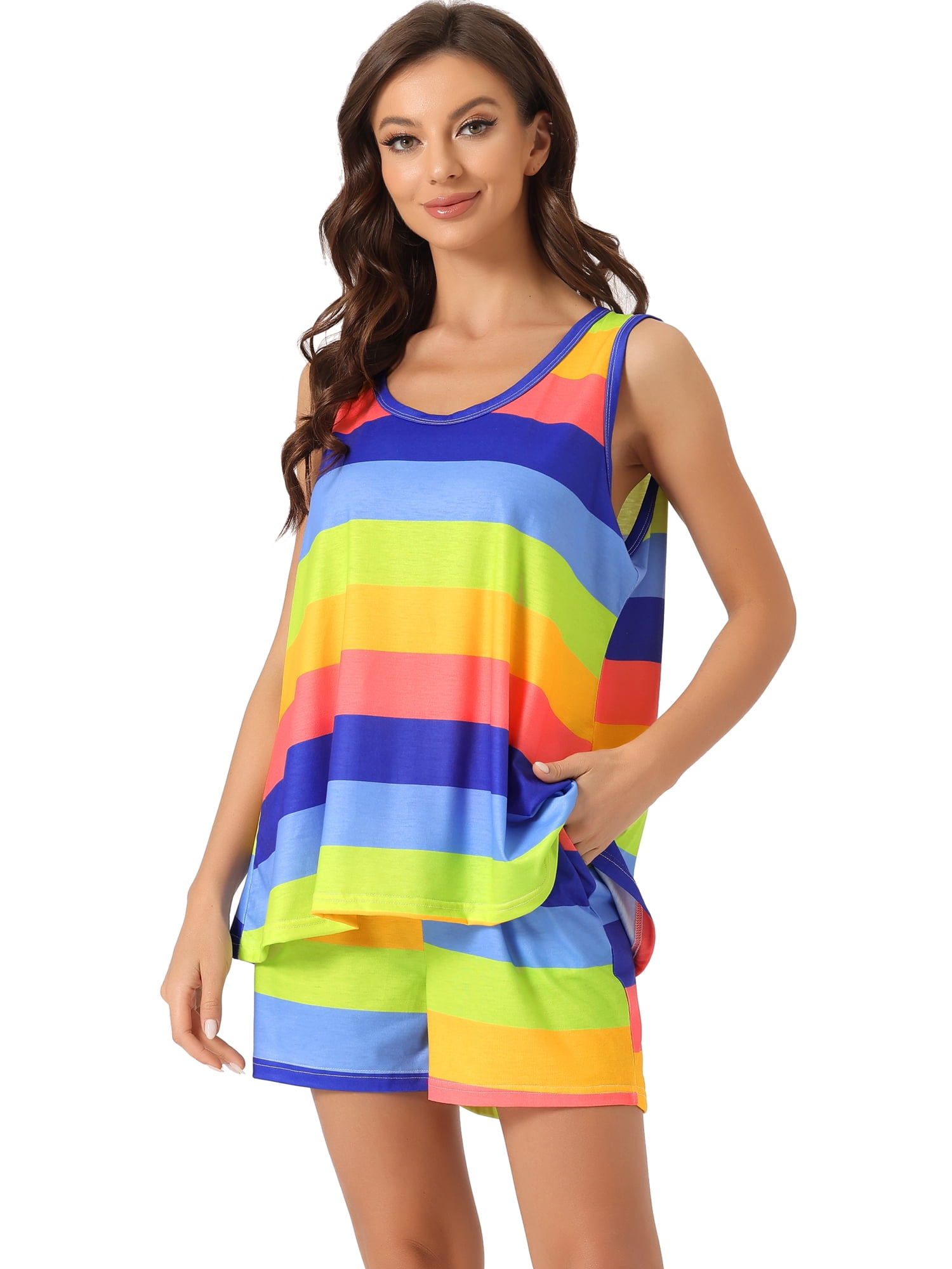DARING DIVA Women's 2-Piece Rainbow Tank Tops with Shorts Stripe Pajama Set 2XL Blue