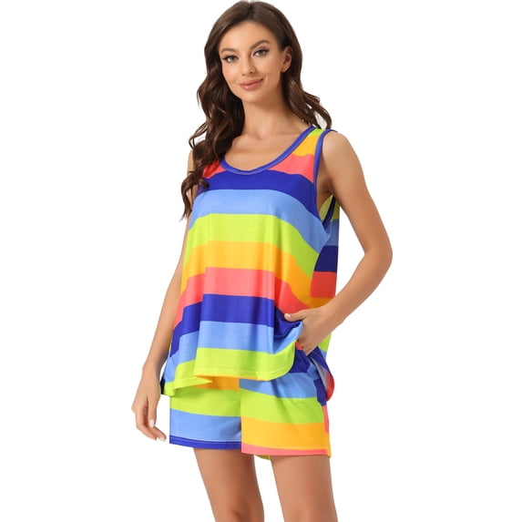 DARING DIVA Women's 2-Piece Rainbow Tank Tops with Shorts Stripe Pajama Set L Blue