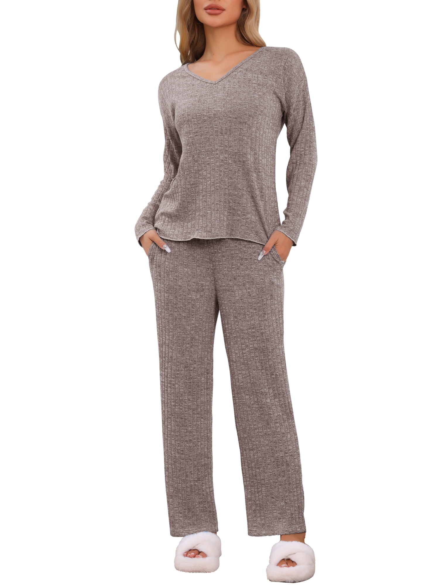 DARING DIVA Women's Ribbed Knit Lounge Long Sleeve Pants Pajama Set L Brown