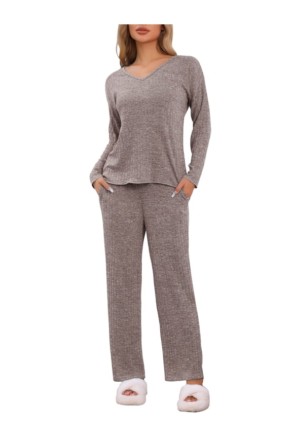 Women's Ribbed Knit Lounge Long Sleeve Pants Pajama Set XS Brown