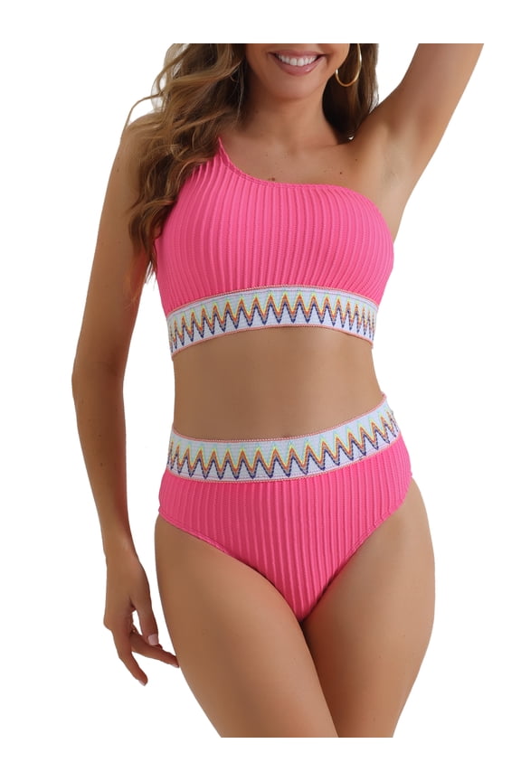 Women's 2 Piece Ribbed One Shoulder Color Braided Trim Bikini Set XS Rose Red