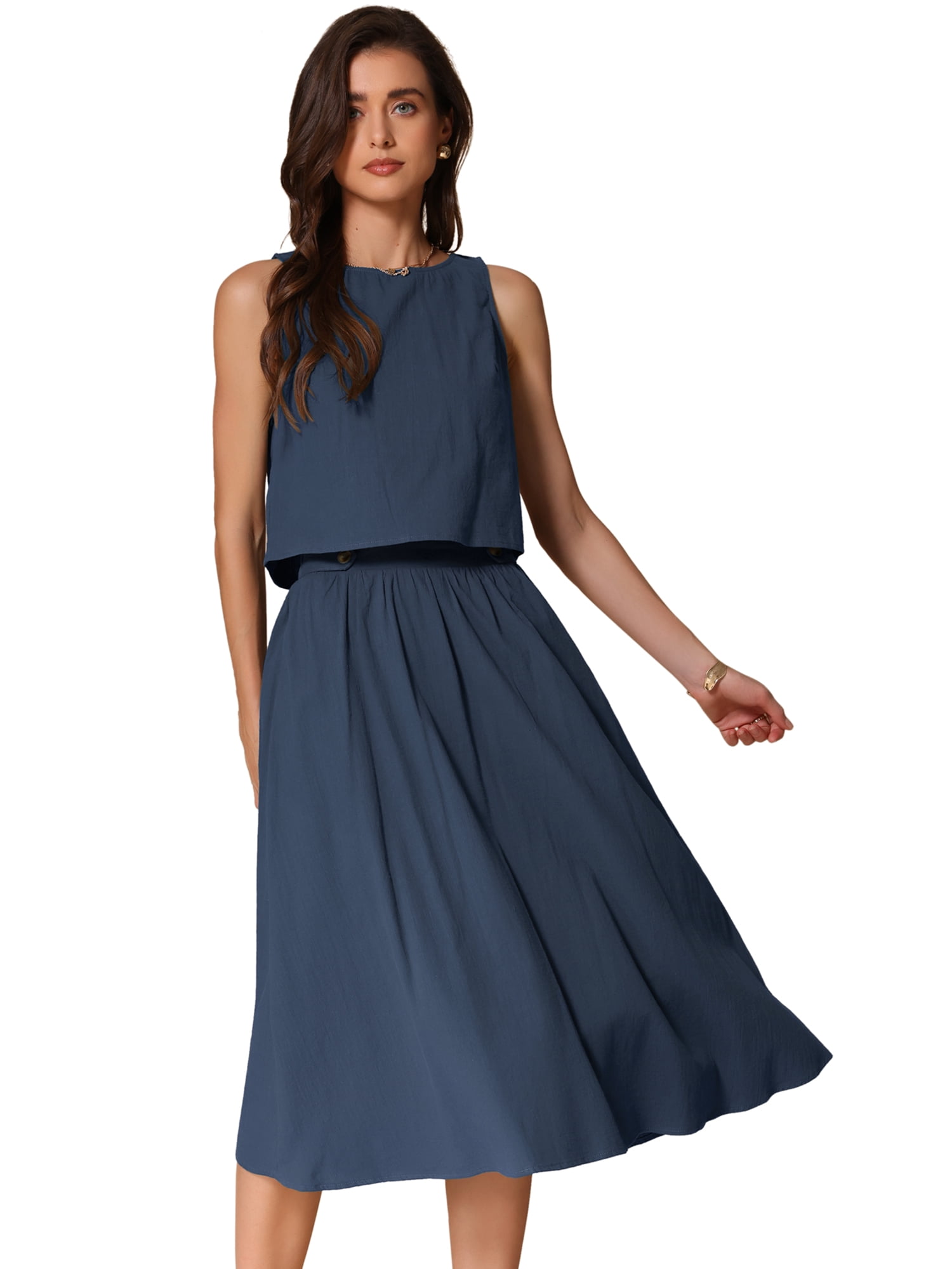 DARING DIVA Women's 2 Piece Round Neck Sleeveless Crop Top Midi Suit Set L Dark Blue