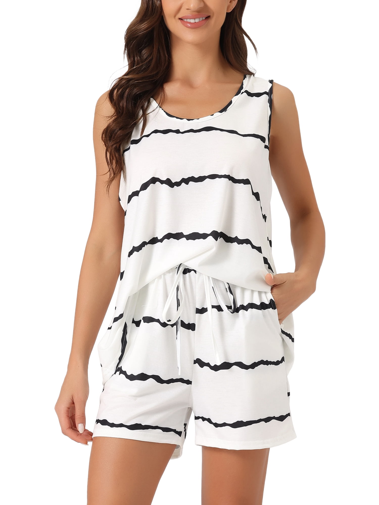 DARING DIVA Women's 2-Piece Round Neck Sleeveless Shirt Shorts Pajama Set L White