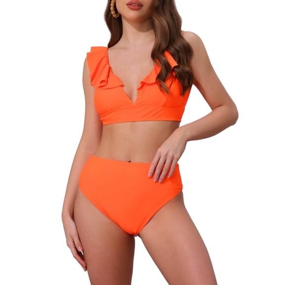 DARING DIVA Women's 2 Piece Ruffle Trim V Neck Leopard Bikini Set S Orange