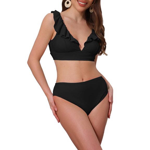 DARING DIVA Women's 2 Piece Ruffle Trim V Neck Leopard Bikini Set XS Black