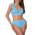 thumbnail image 1 of DARING DIVA Women's 2 Piece Ruffle Trim V Neck Leopard Bikini Set XS Sky Blue, 1 of 6