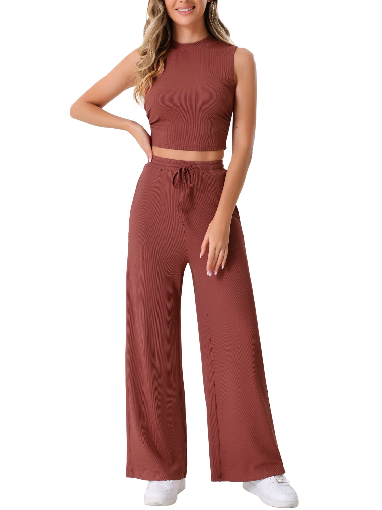 DARING DIVA Women's 2 Piece Sets Crew Neck Crop Tank Wide Leg Pants XL Brick Red